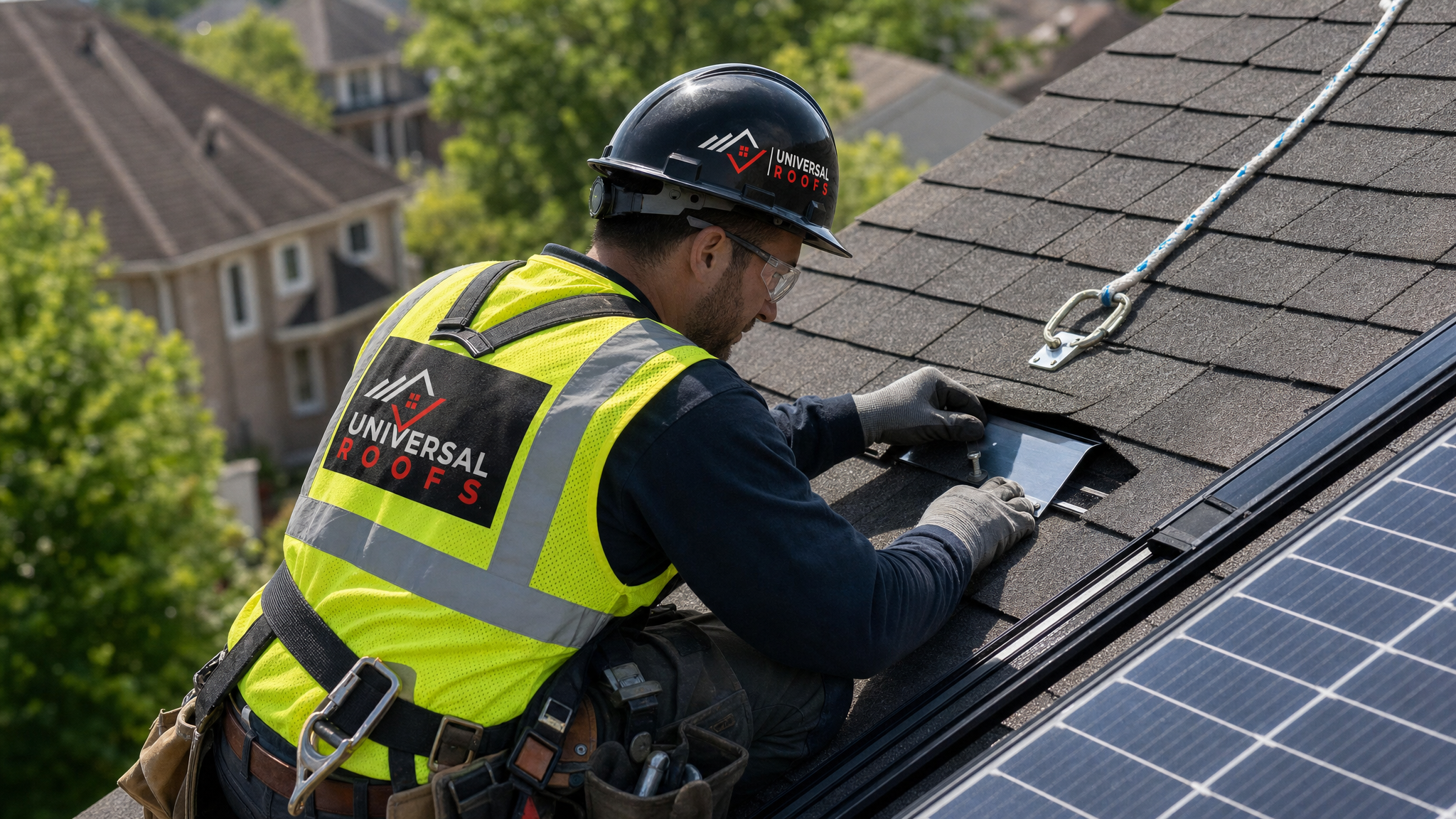 Roofer wearing full safety harness installing solar panel mounting flashing on a sloped residential roof in Toronto