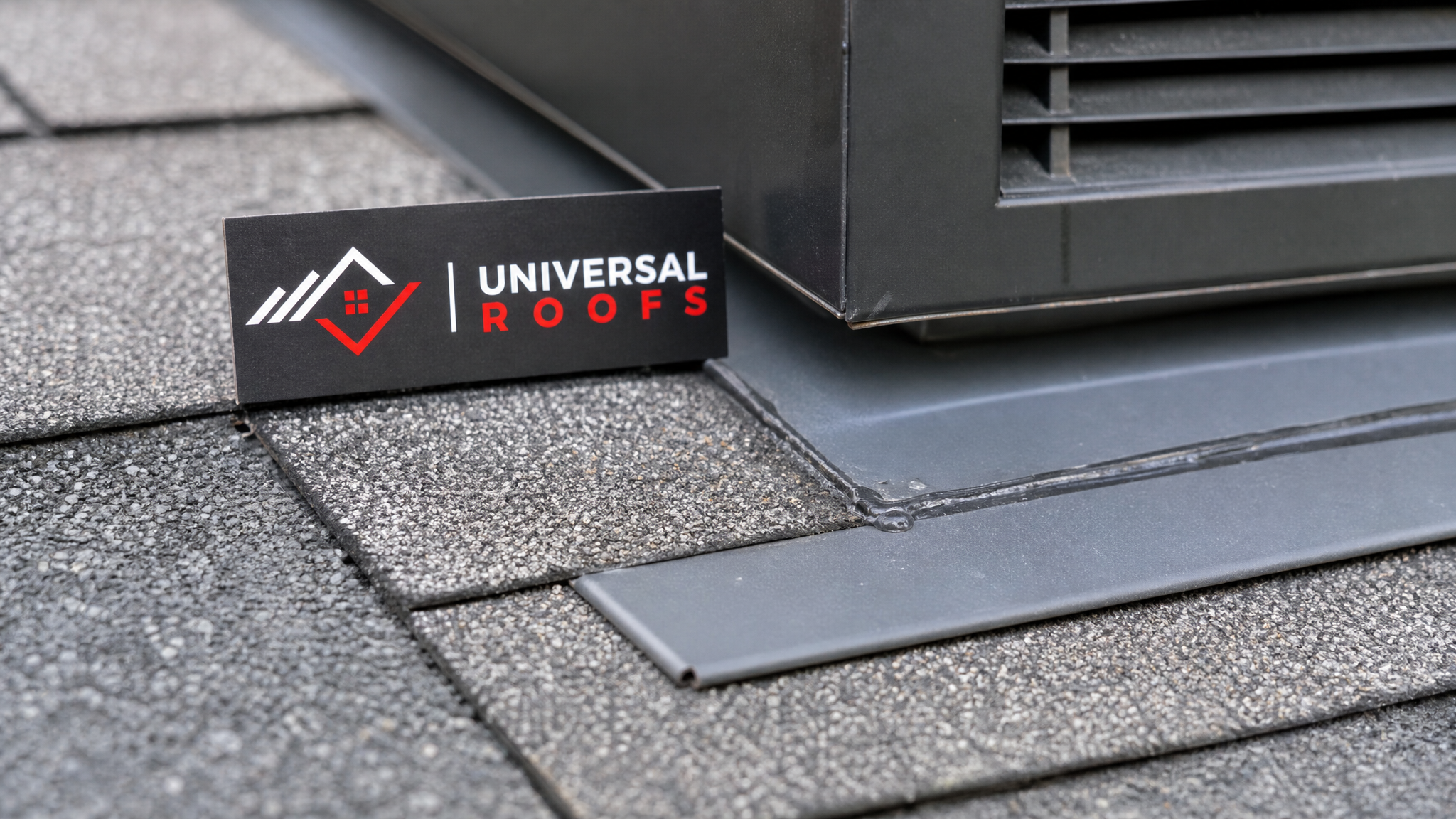 Close-up of roof flashing and shingle edge detail being examined during a mortgage refinancing roof inspection, with branded inspection sign nearby