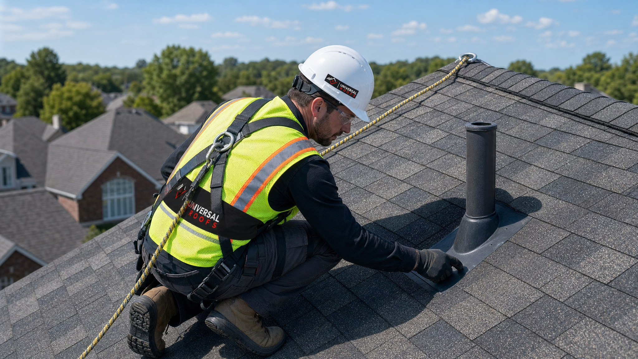 Roofing inspector wearing hard hat, high-visibility vest, safety glasses, gloves, and fall-protection harness examining shingles on a Toronto home