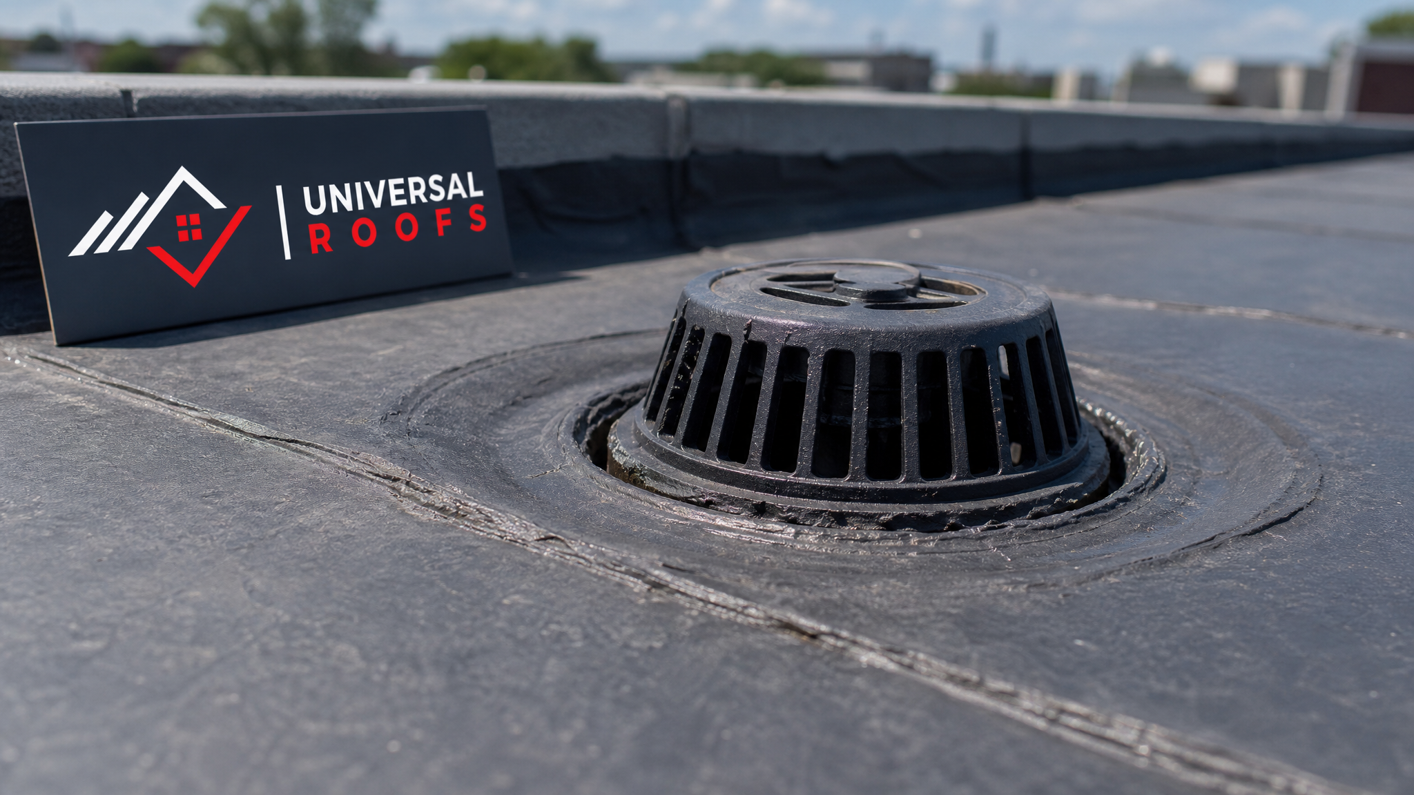 Close-up detail of a commercial roof drain and membrane flashing during a maintenance check