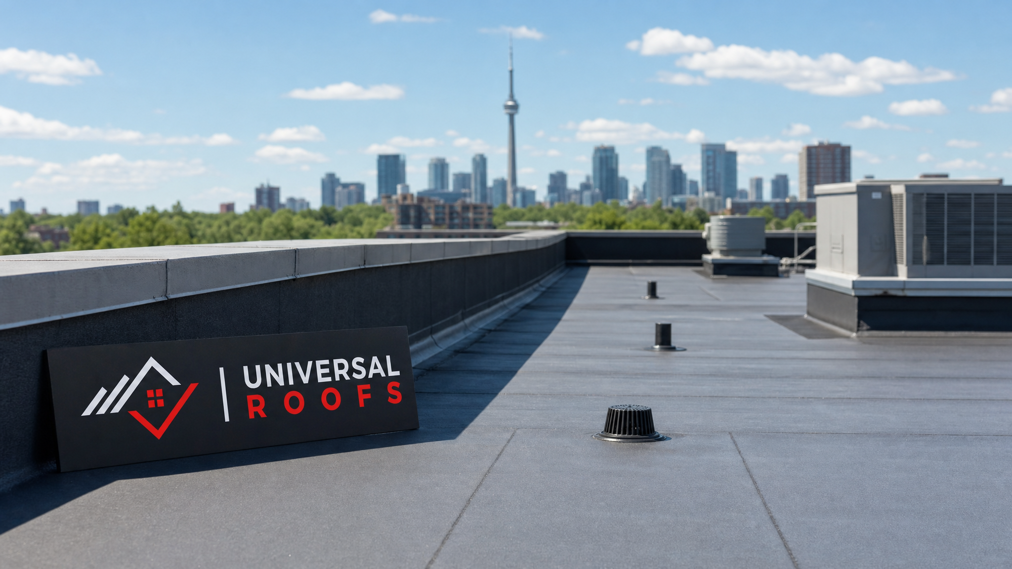 Well-maintained commercial flat roof in Toronto with clean membrane and clear drains under summer daylight