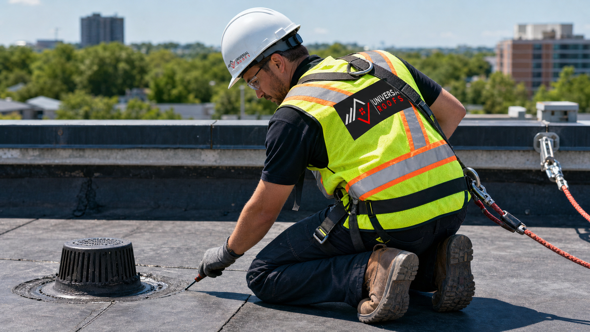 Roofing technician performing a commercial roof maintenance inspection wearing full safety harness and PPE