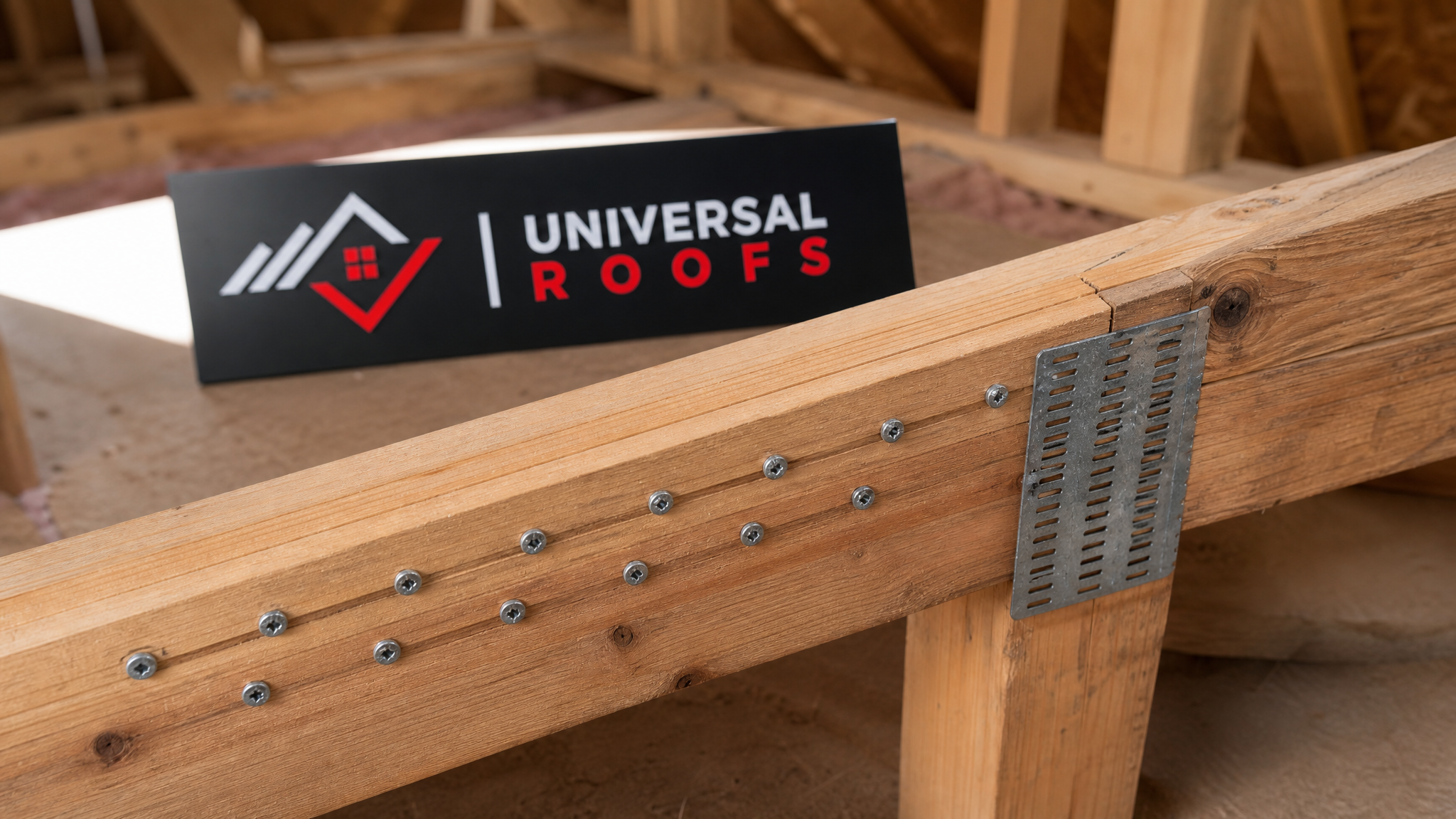 Close-up of a sistered wooden truss chord reinforced with structural screws and a metal gusset plate