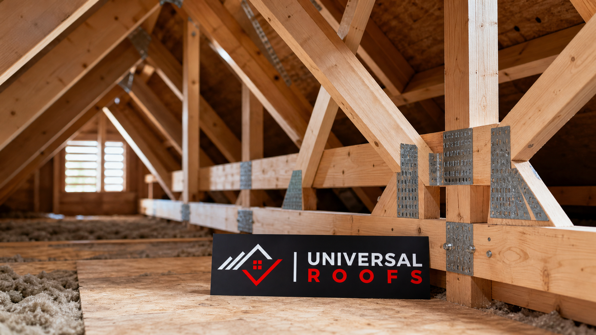 Repaired and reinforced wooden roof truss system inside a Toronto attic on a clear summer day