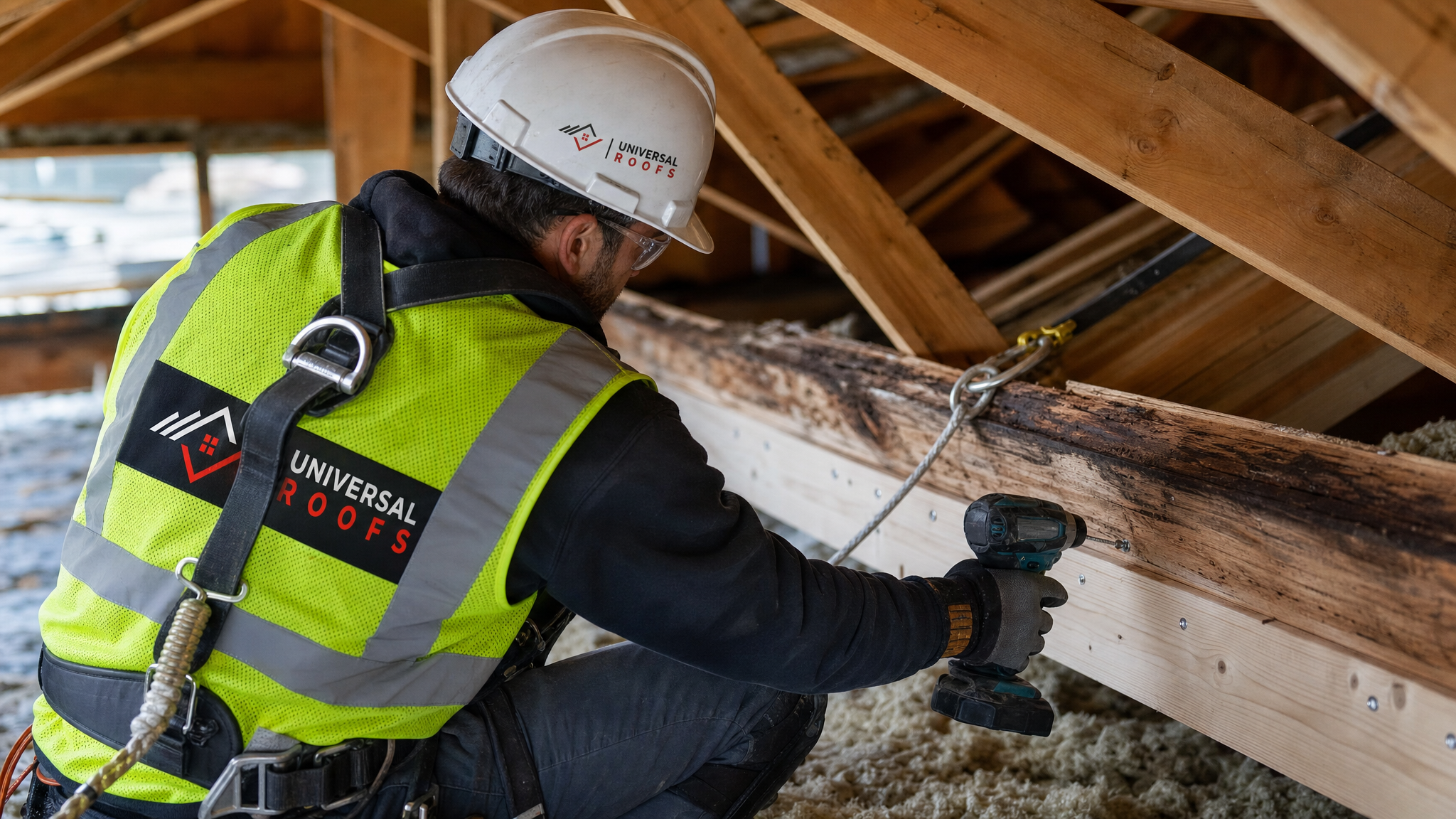Roofing technician wearing full safety harness inspecting and reinforcing a roof truss member from inside an attic space