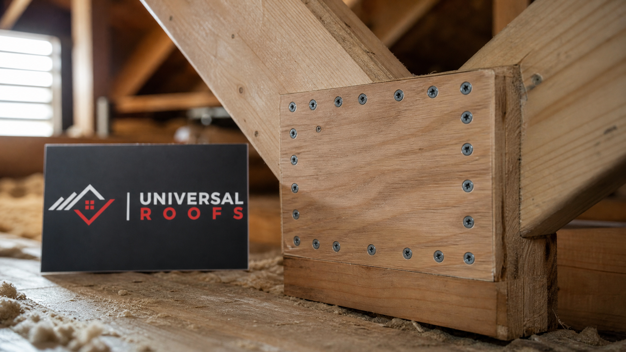 Close-up detail of a sistered wood truss joint with structural screws and a new gusset plate under a roof deck