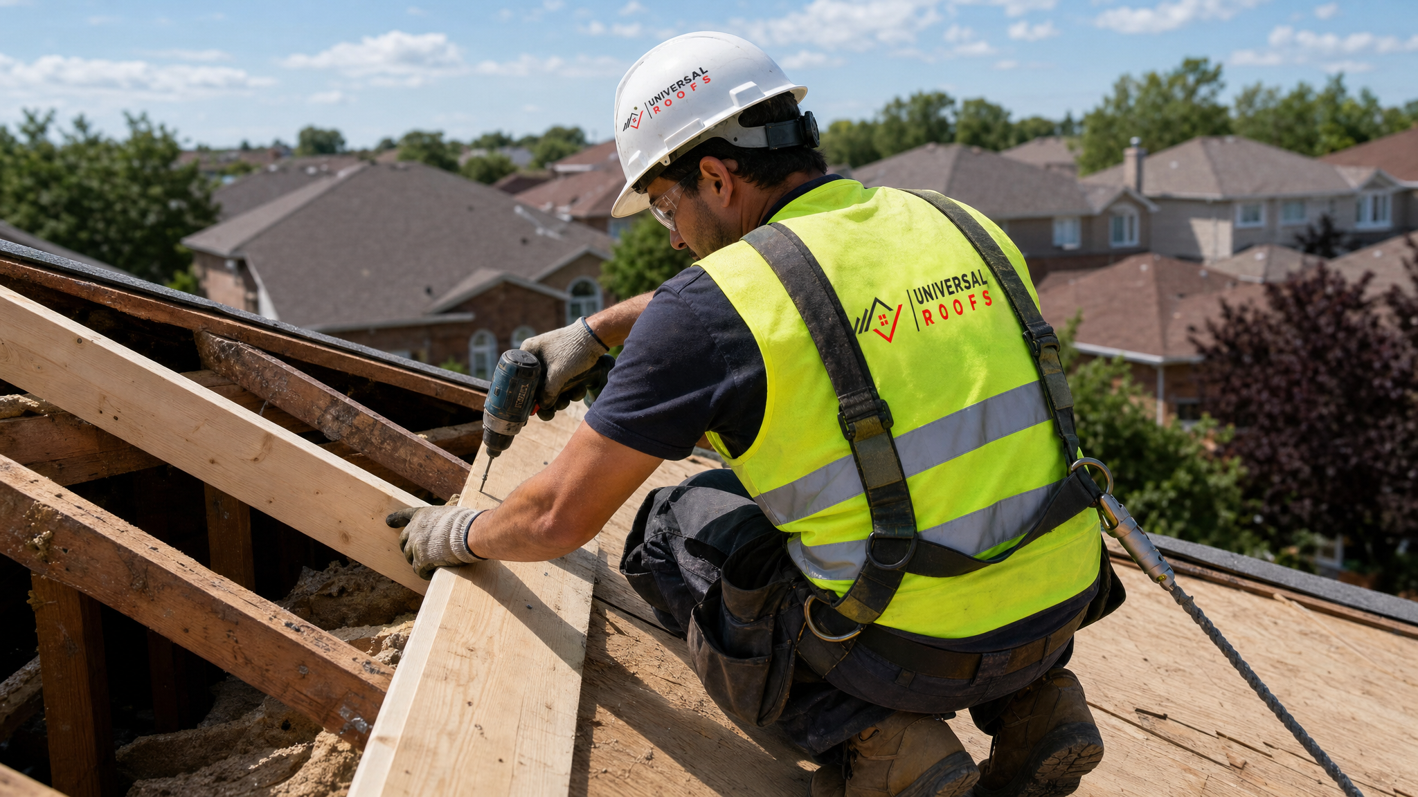 Roofer wearing full safety harness and PPE sistering a damaged roof truss member on a Toronto area home in daylight