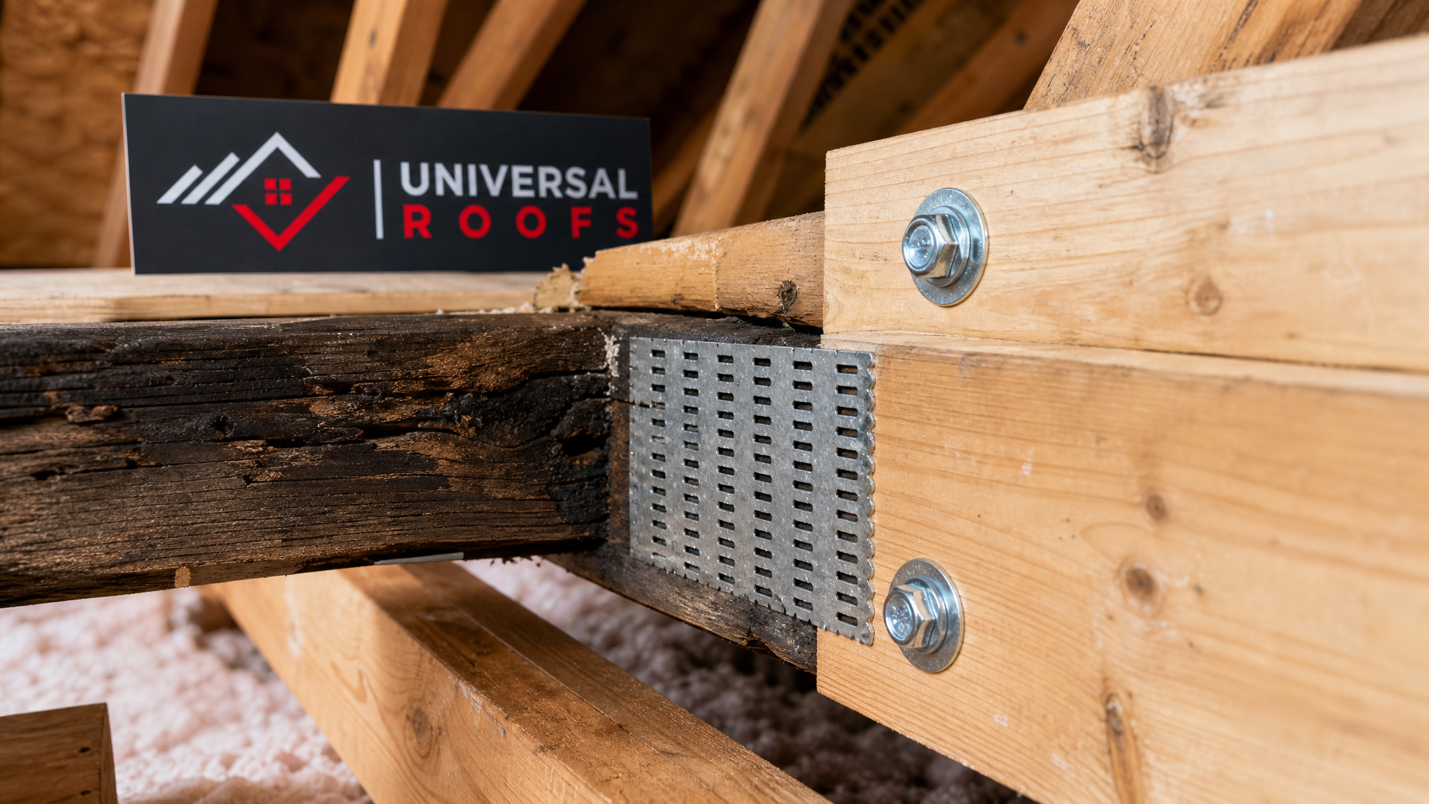 Close-up of a sistered wood truss joint showing structural reinforcement after fire damage repair