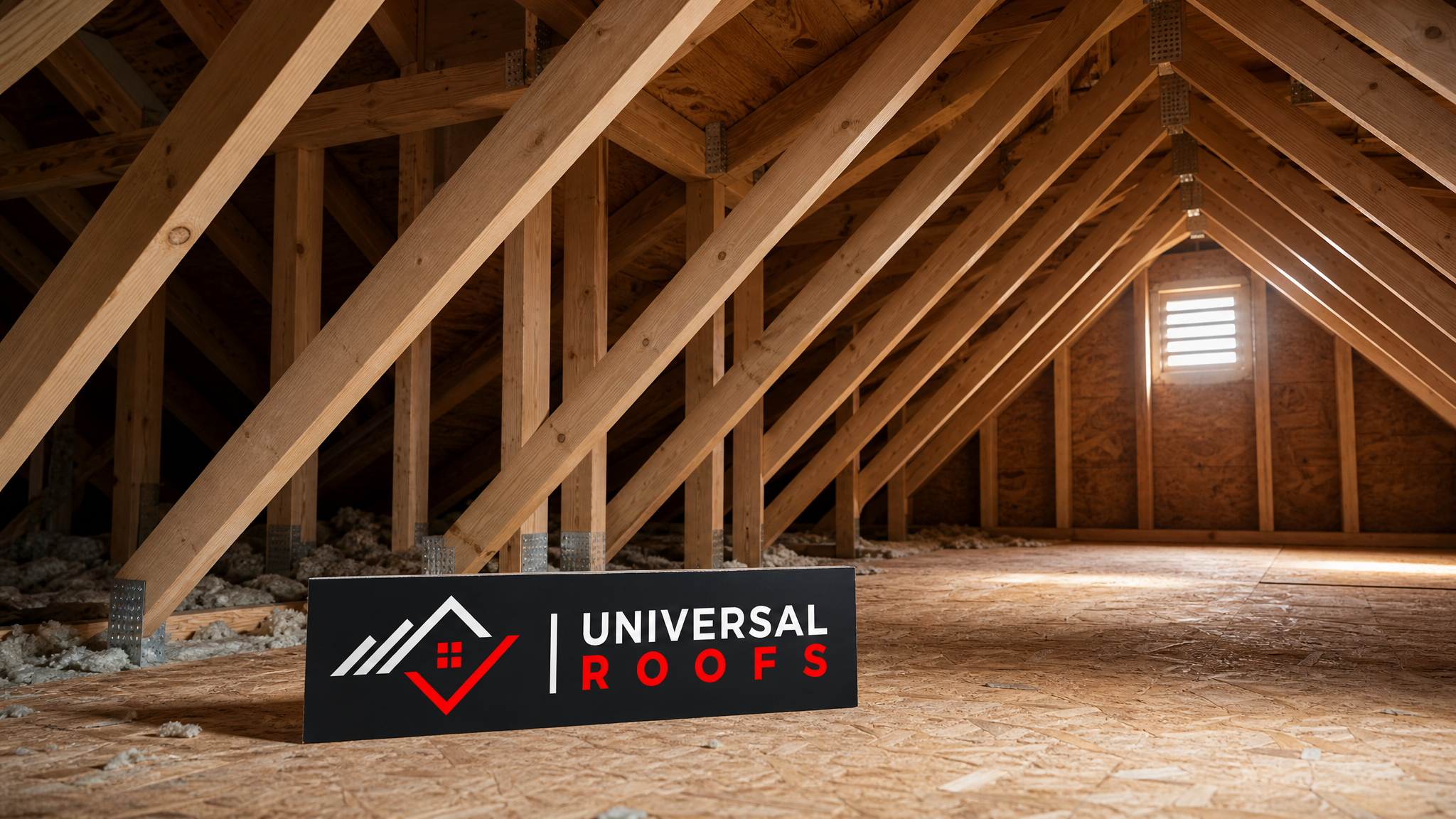 Restored roof truss structure in a Toronto-area attic after fire damage repair, showing sound timber framing in summer daylight