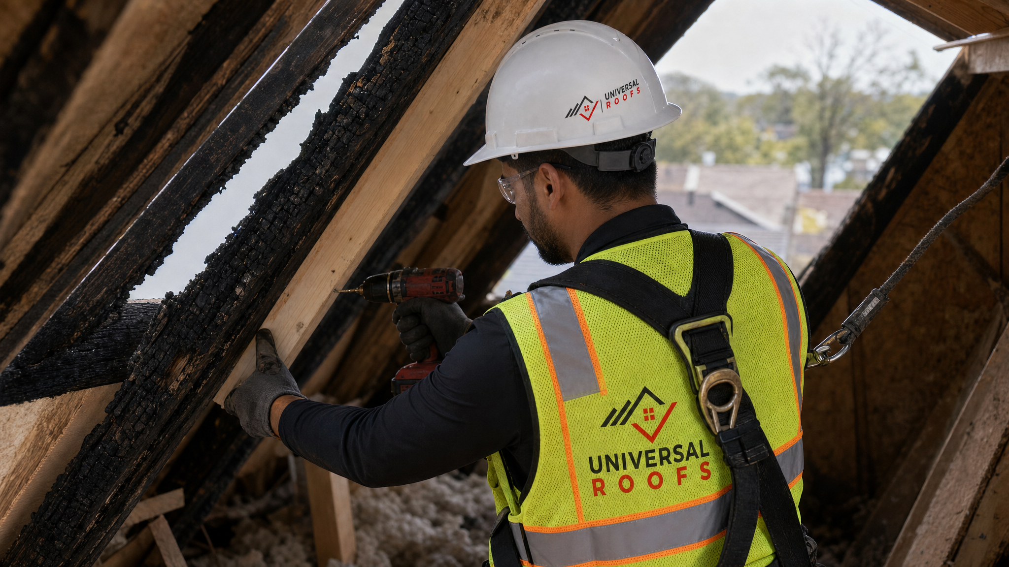 Roofing worker wearing full safety harness reinforcing a fire-damaged roof truss on a GTA home in summer