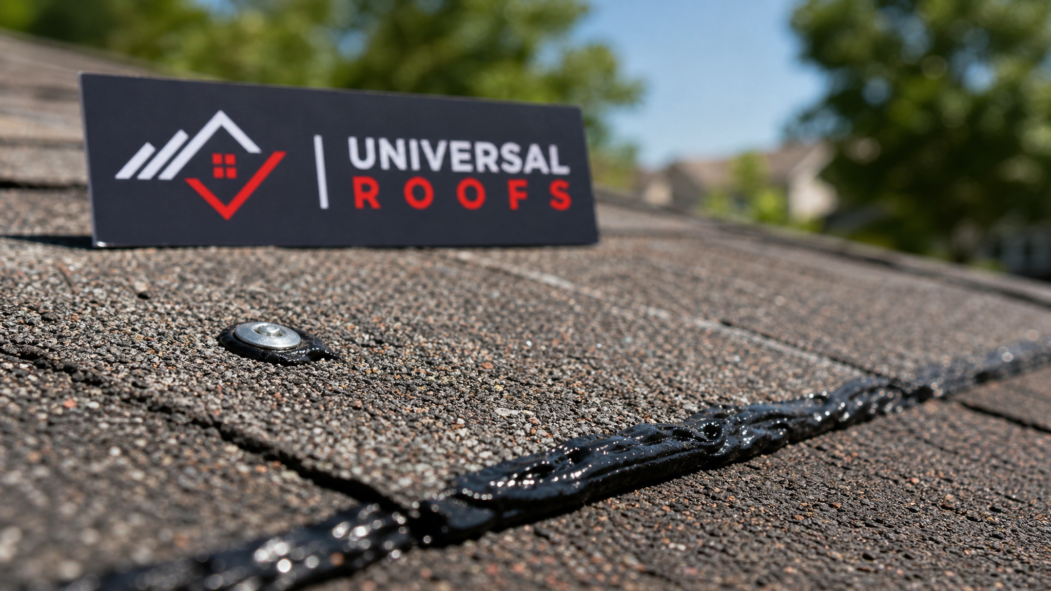 Close-up of a repaired shingle tab with fresh roofing sealant and secured fasteners after wind damage