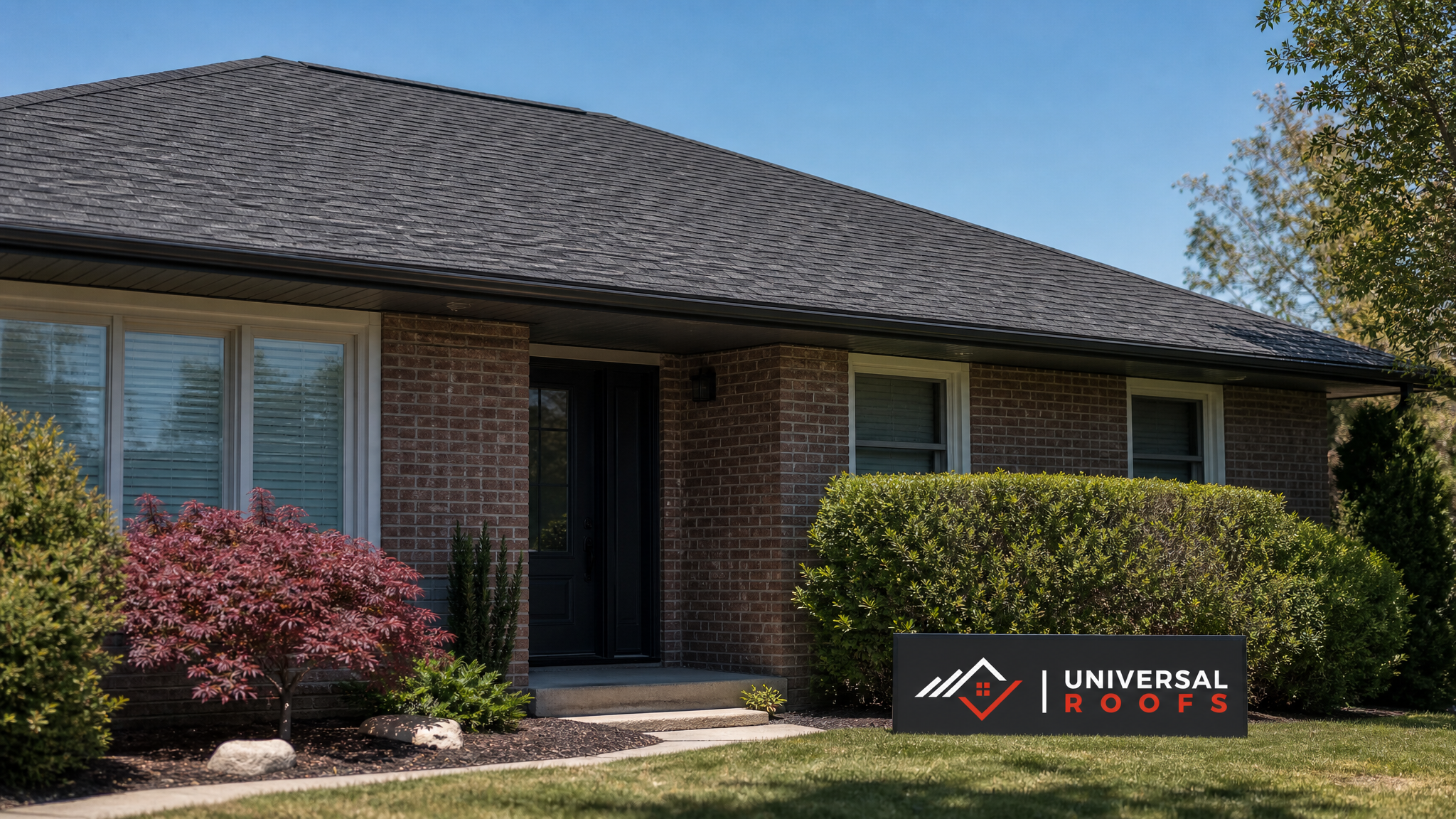 Freshly repaired asphalt shingle roof on a Toronto-area home after wind damage repair, summer daylight