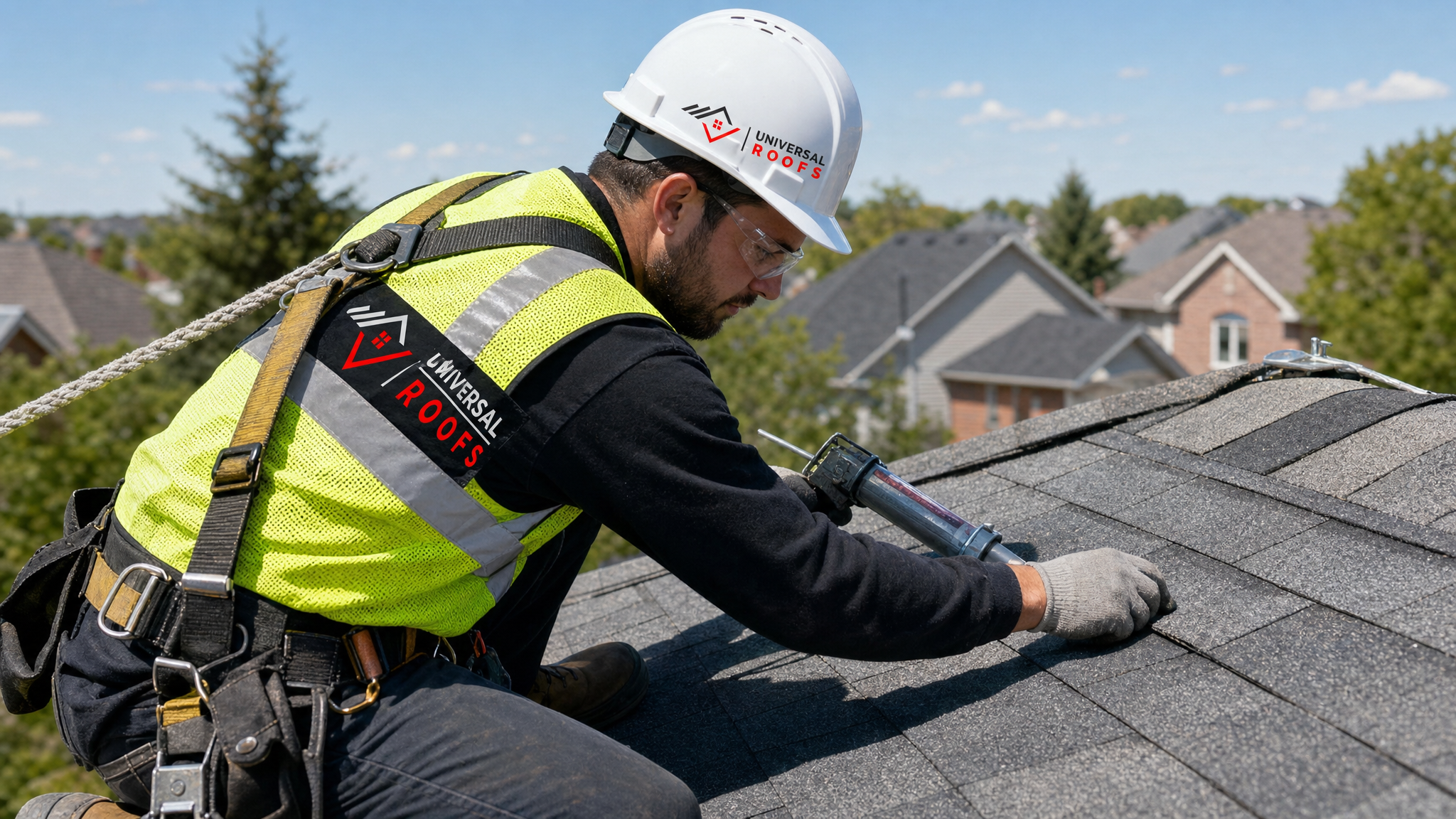 Roofer wearing full safety harness inspecting and repairing wind-lifted shingles on a residential roof in the GTA