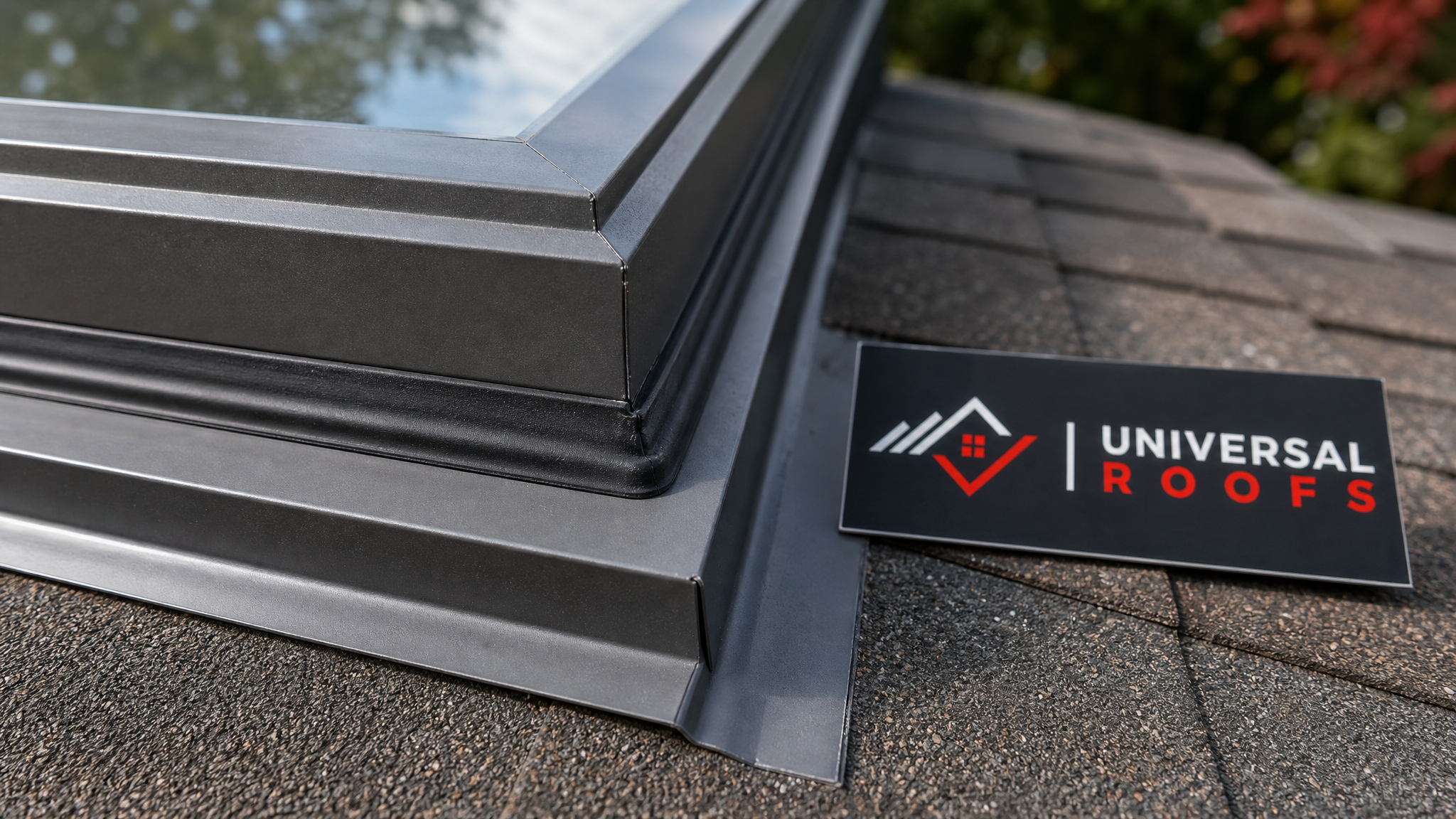 Close-up of new EPDM gasket and sealant bead around skylight frame showing tight wind-resistant seal