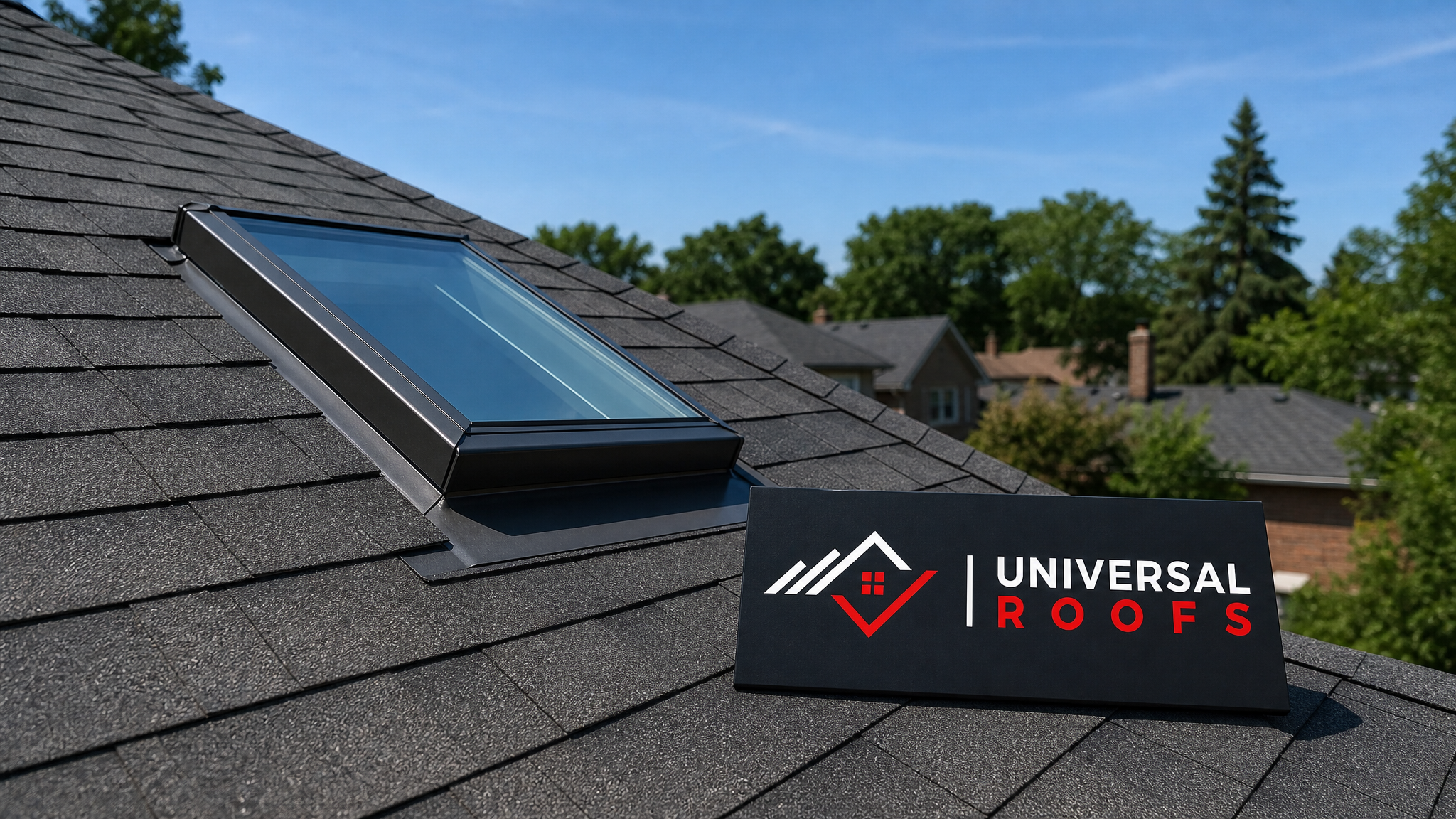 Newly repaired skylight on a Toronto home with tight flashing and clean glazing seals under a bright summer sky