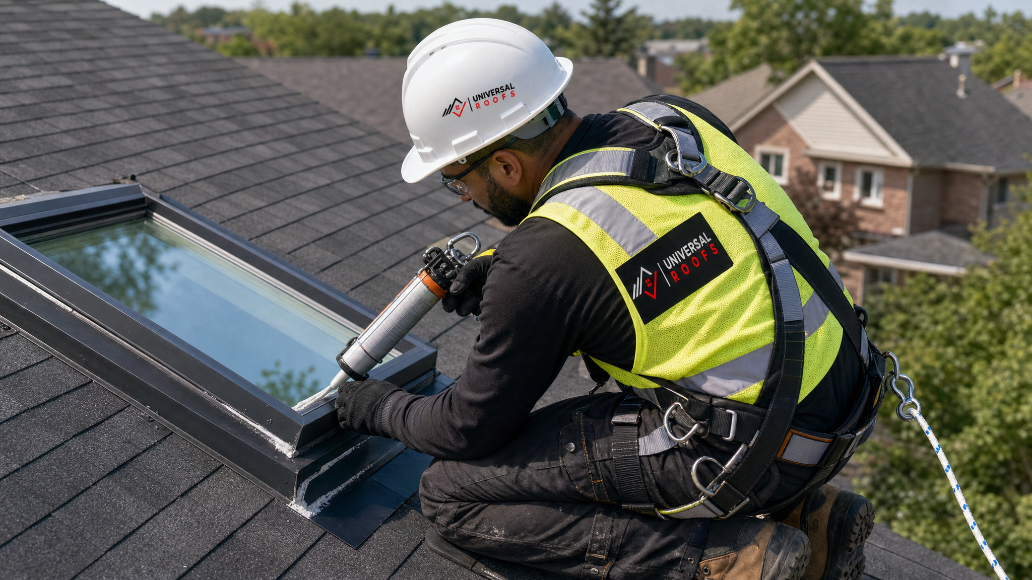Roofer wearing full safety harness repairing skylight flashing on a Toronto home in summer daylight