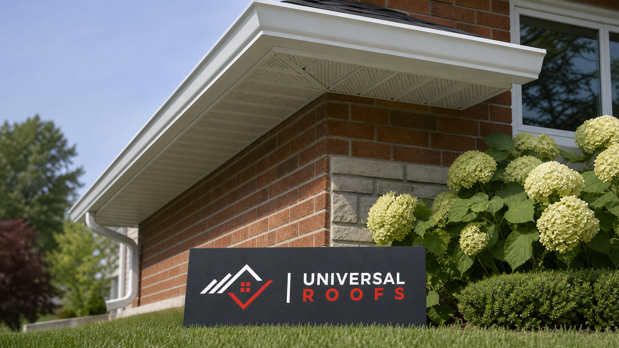 Freshly repaired white aluminum soffit and fascia on a Toronto home under clear summer daylight, with a Universal Roofs sign placard resting on the lawn nearby