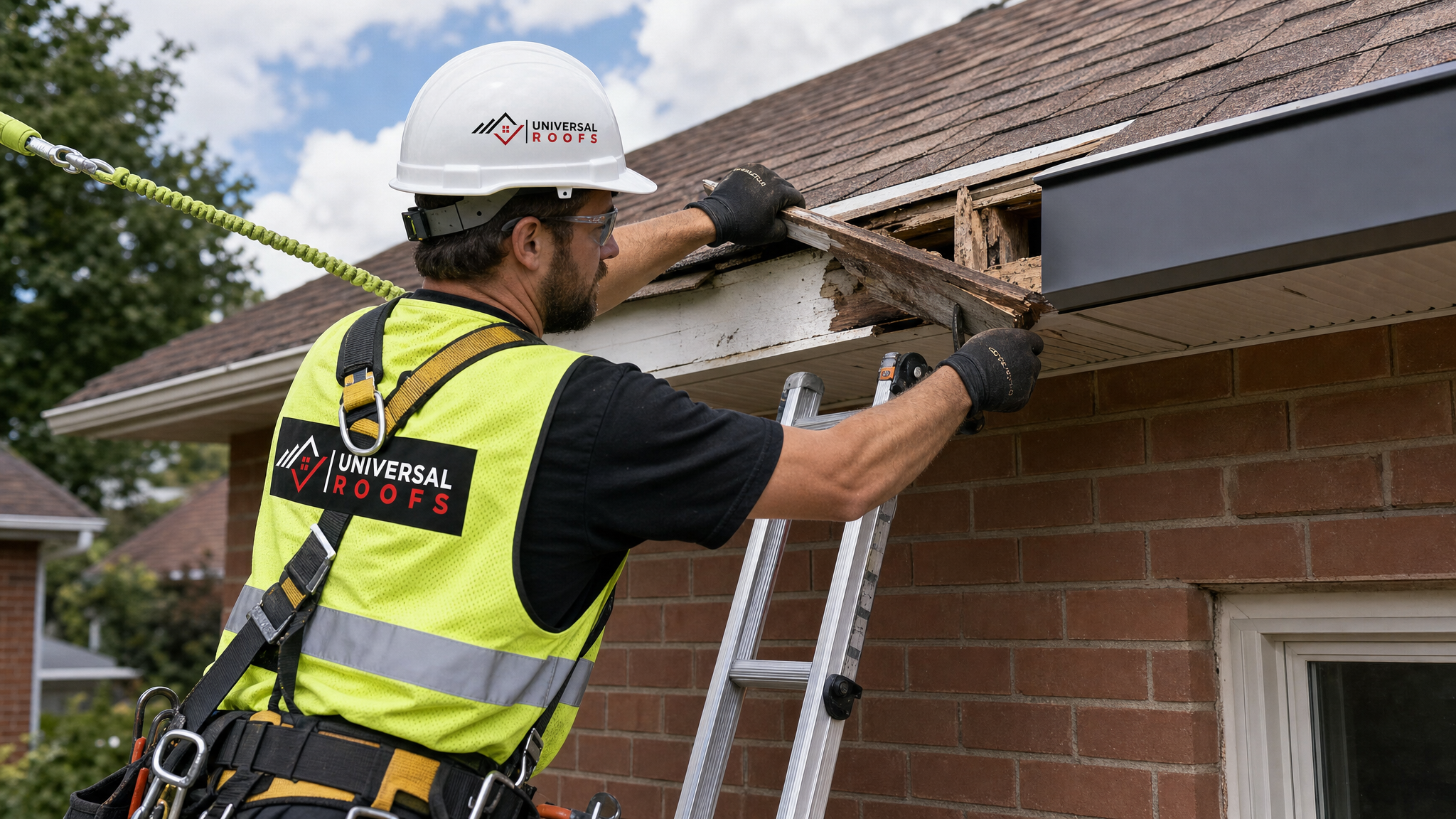 Roofer wearing a hard hat, hi-vis safety vest, safety glasses, work gloves, and a fall-protection harness with safety rope, replacing a section of damaged fascia board on a Toronto home in summer daylight