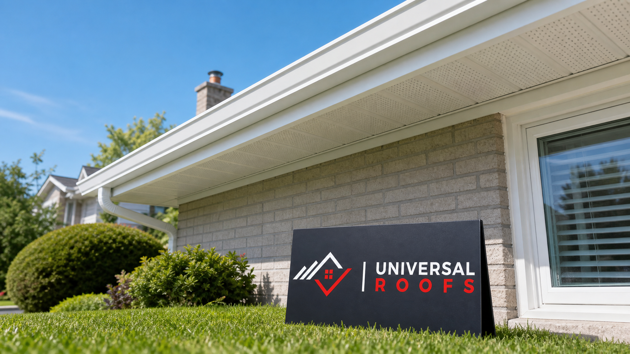 Freshly repaired white soffit and fascia along a Toronto home roofline in summer daylight