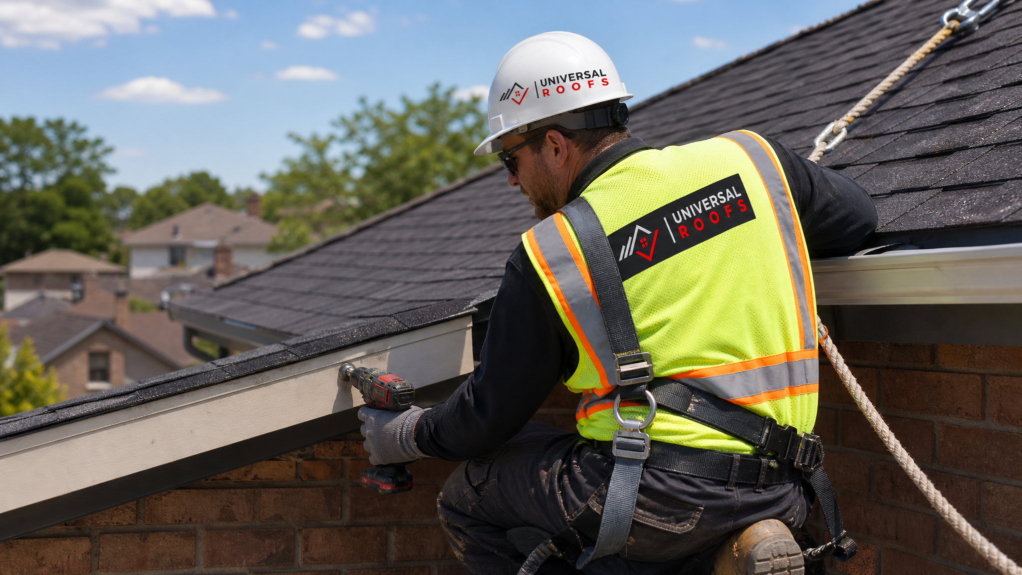 Roofing technician wearing full safety harness repairing fascia board at the roof edge of a Toronto home