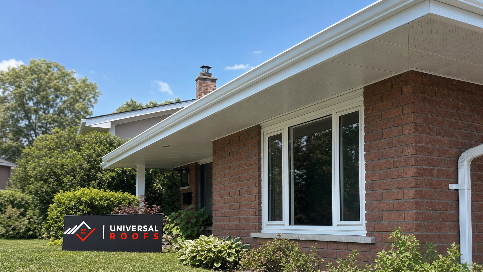 Newly repaired white soffit and fascia along a Toronto home roofline in summer daylight with a Universal Roofs sign placard nearby