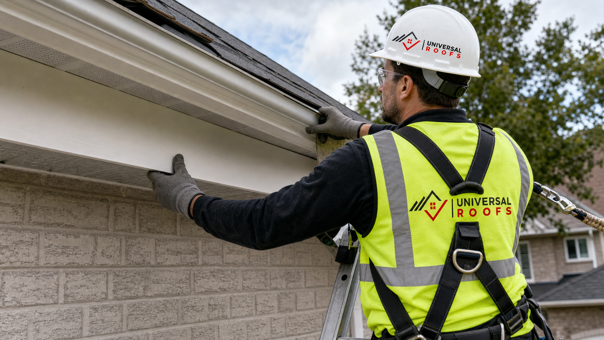 Roofing technician wearing a harness and full safety gear repairing fascia board at the roofline of a Toronto home in daylight
