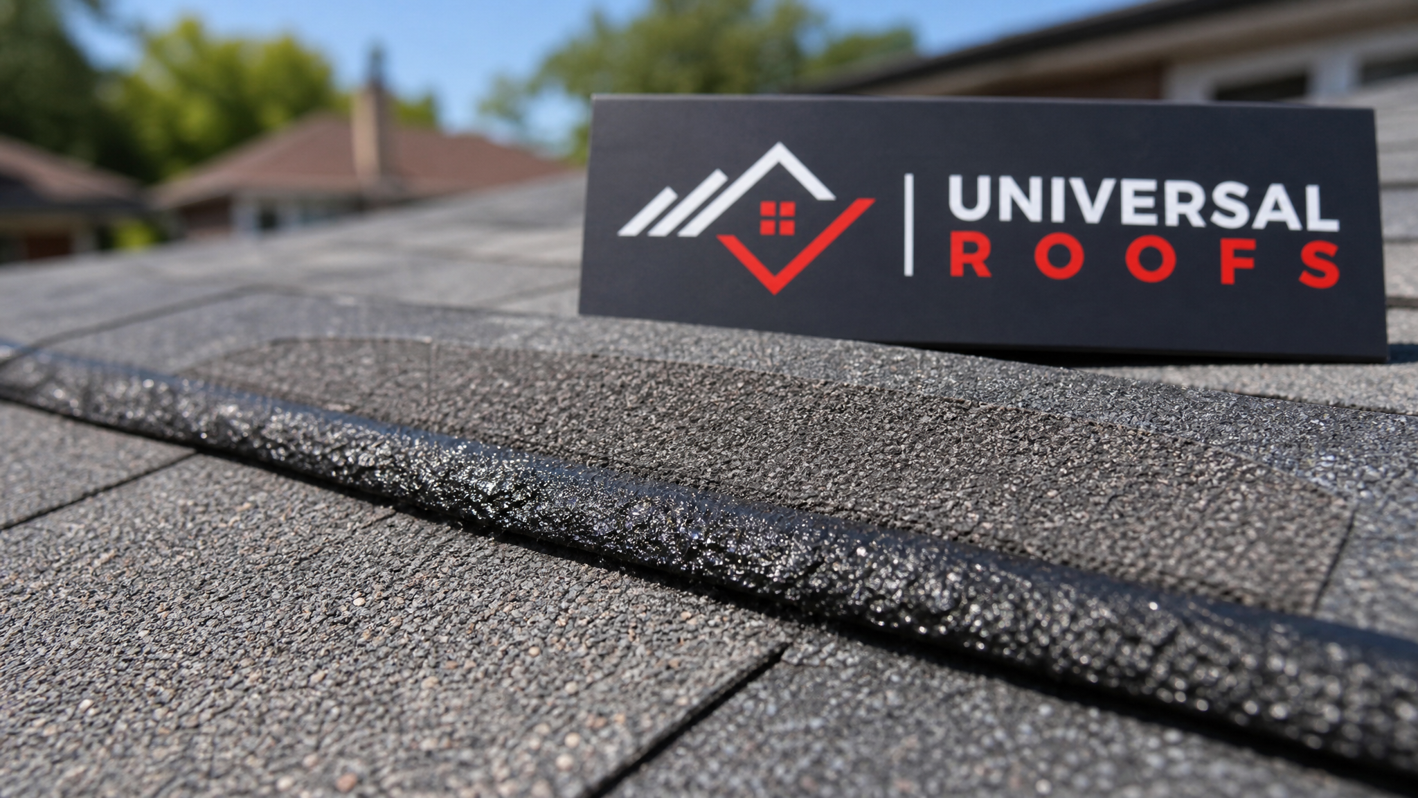 Close-up of asphalt shingle self-sealing adhesive strip bonded correctly along the tab edge