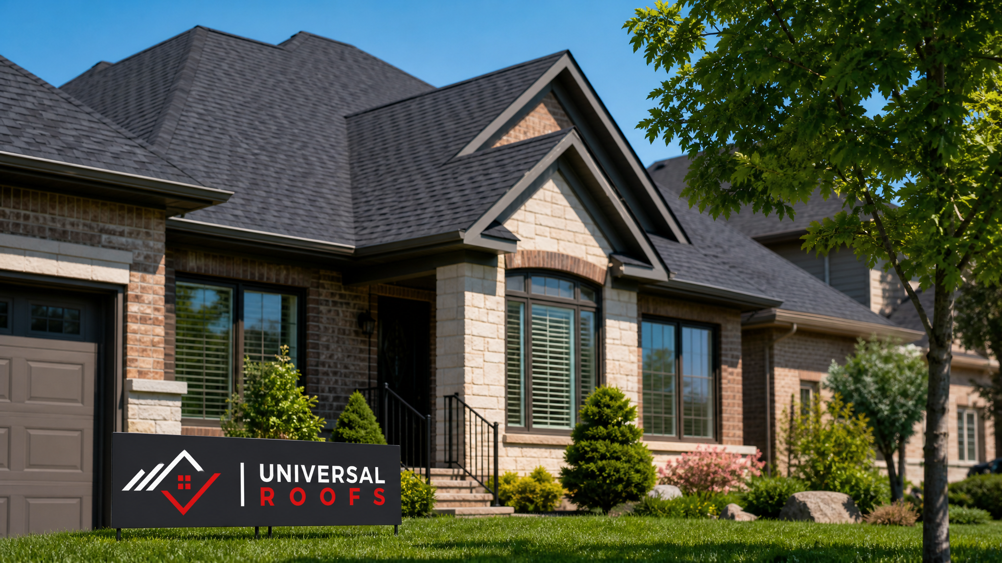 Newly completed asphalt shingle roof on a Toronto-area home under clear summer sky
