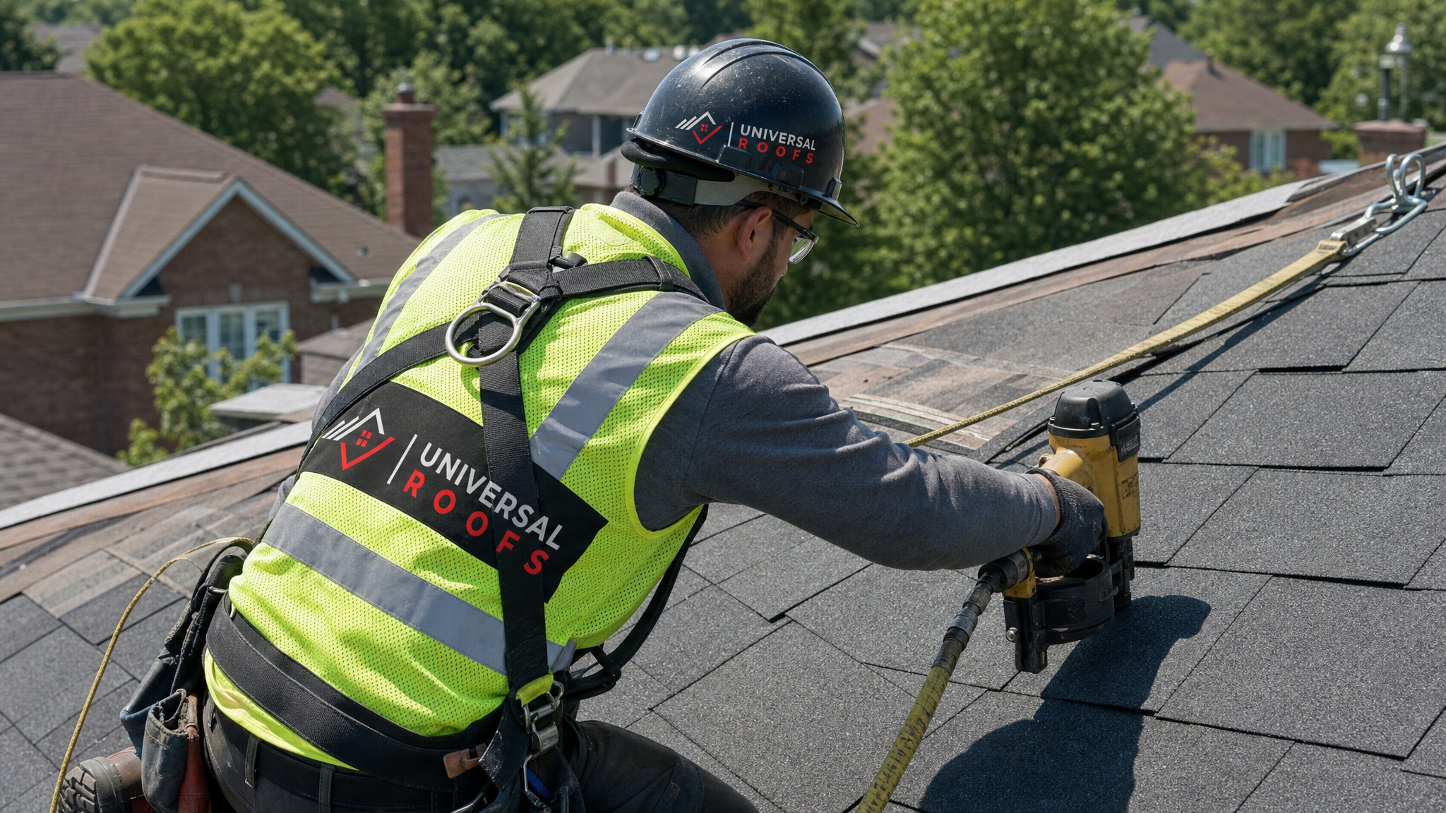 Roofer wearing full safety harness installing asphalt shingles on a residential roof in summer