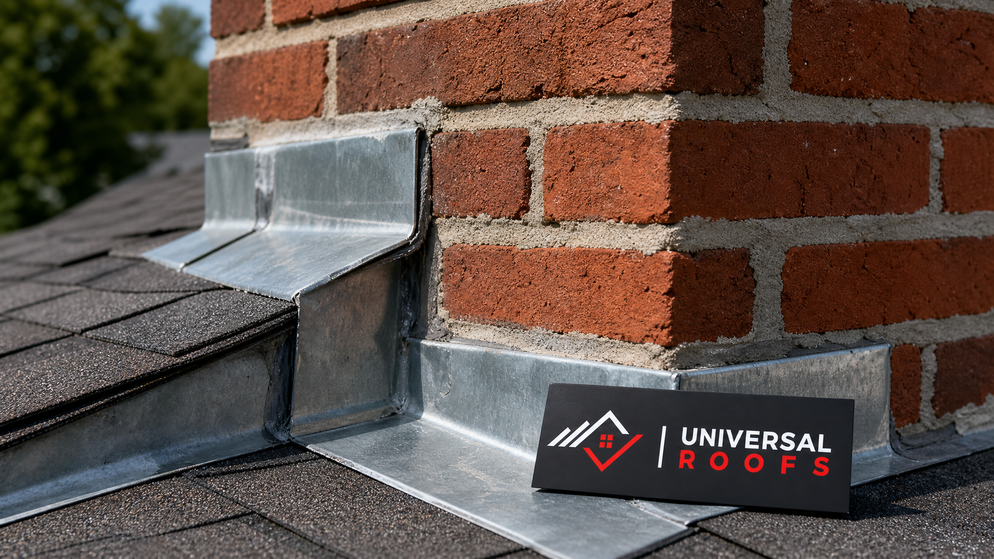 Close-up detail of new step flashing and sealed mortar joints where a chimney meets the roofline