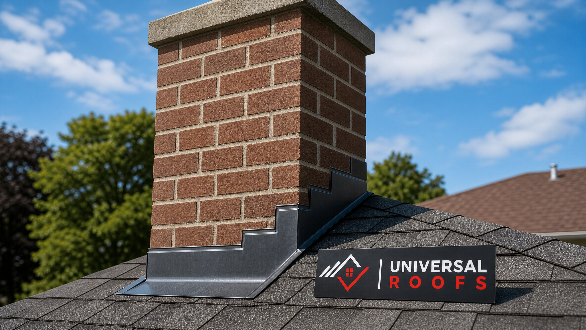 A properly repaired brick chimney with new flashing and sealed mortar joints on a Toronto home under summer daylight