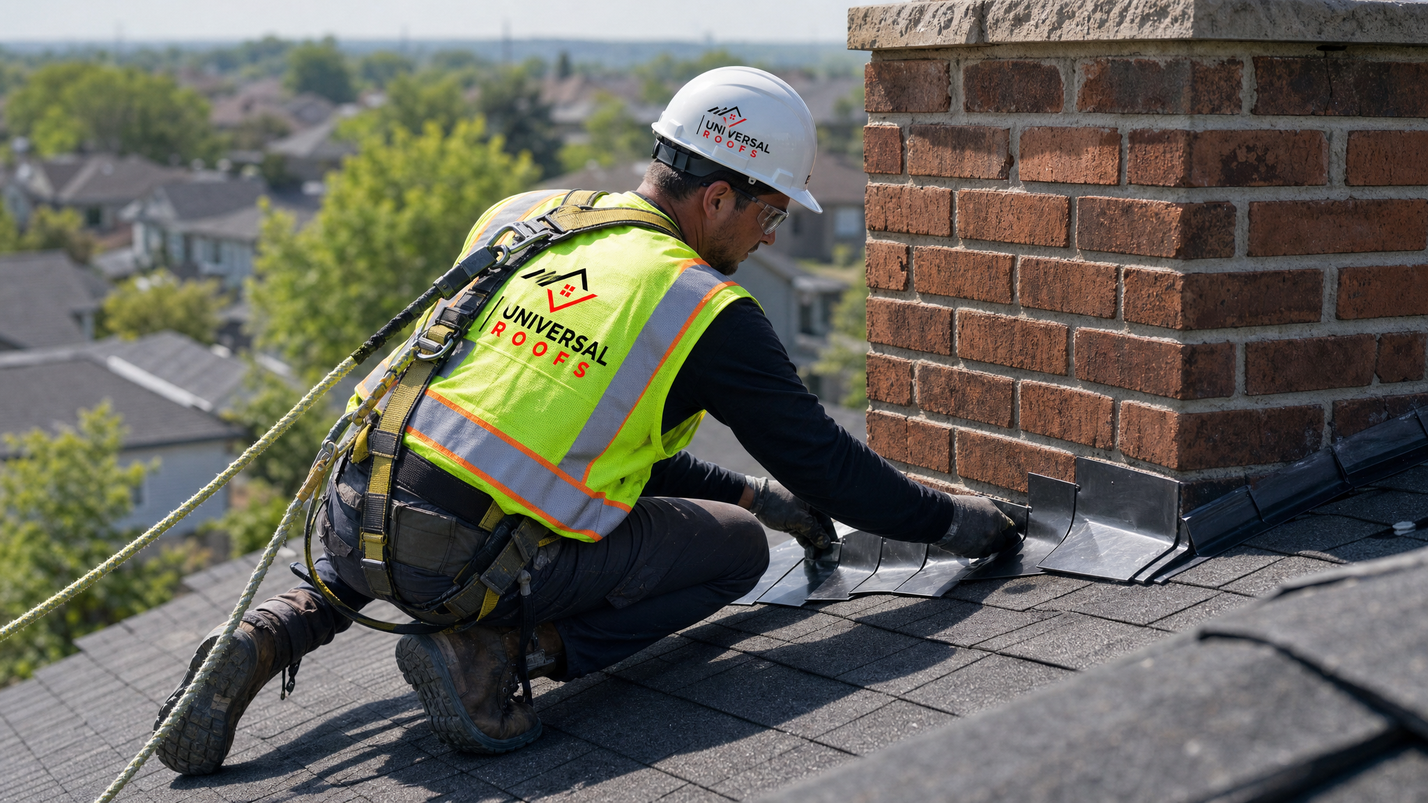 A roofer wearing a harness and full safety gear repairs chimney flashing on a residential Toronto roof in daylight