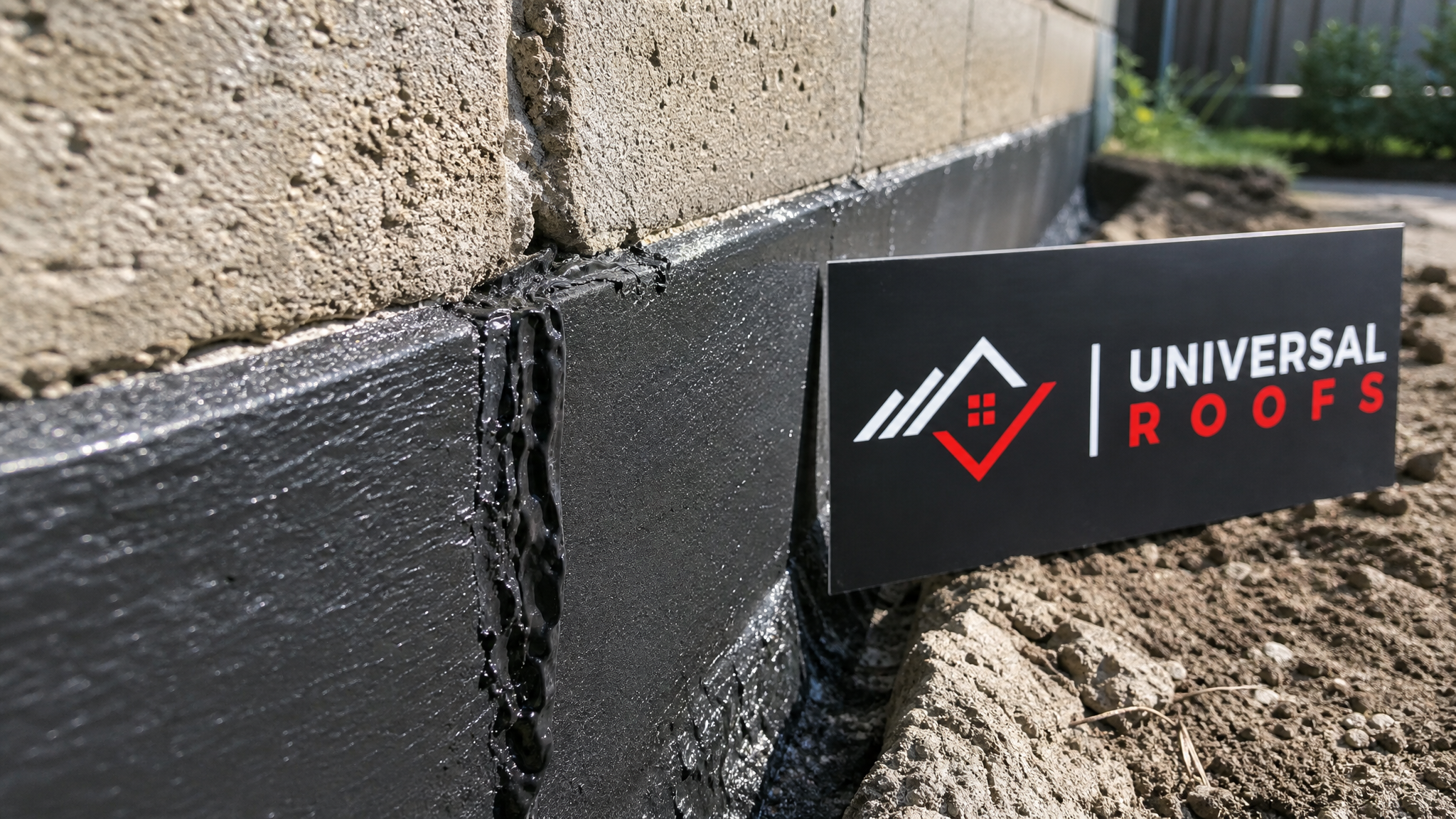 Close-up of a newly applied waterproofing membrane seam on an older building's foundation wall with visible branded sign placard