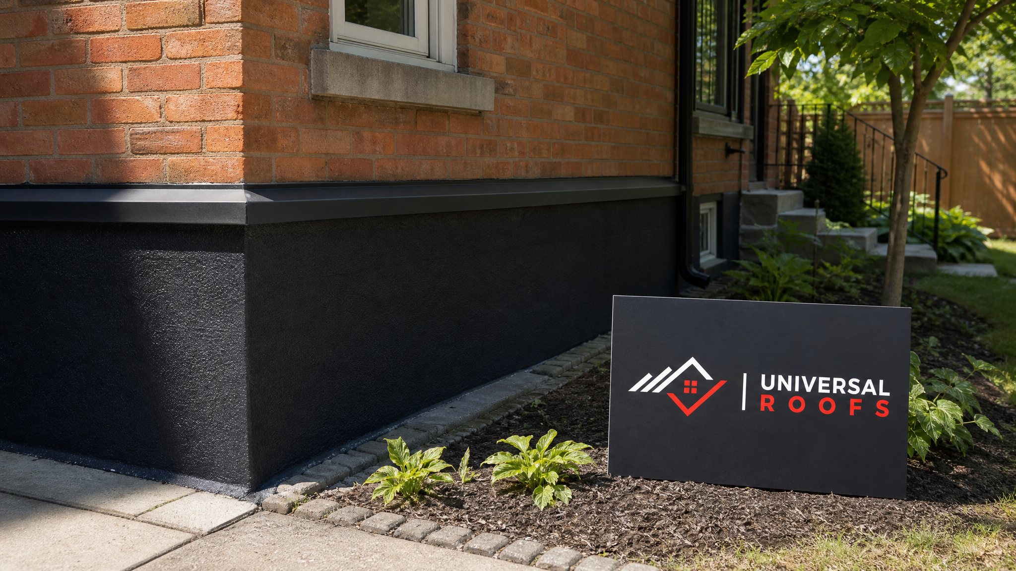 Restored older brick building in Toronto with newly waterproofed foundation and roofline on a sunny summer day