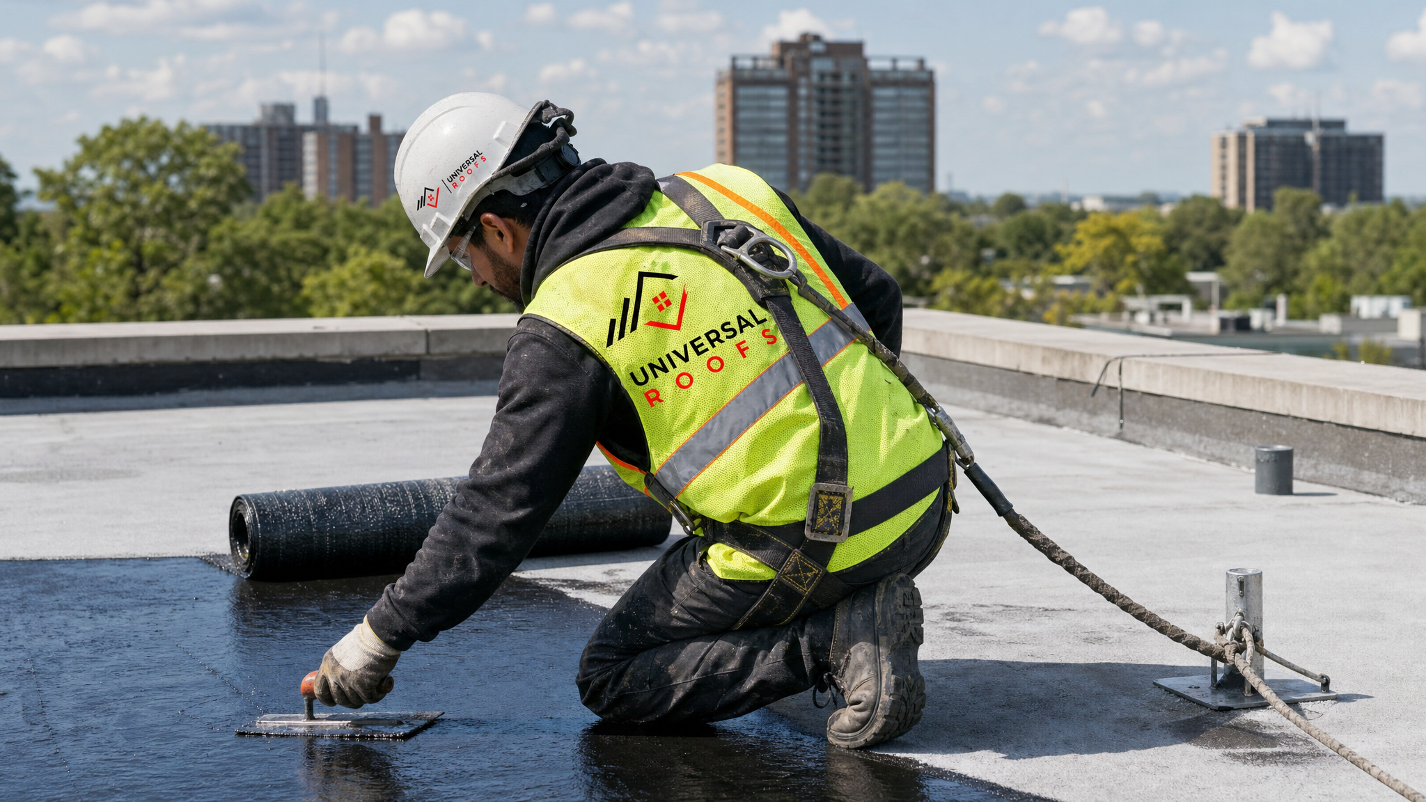 Roofing technician in full safety harness applying waterproofing membrane to an older building's flat roof section in daylight