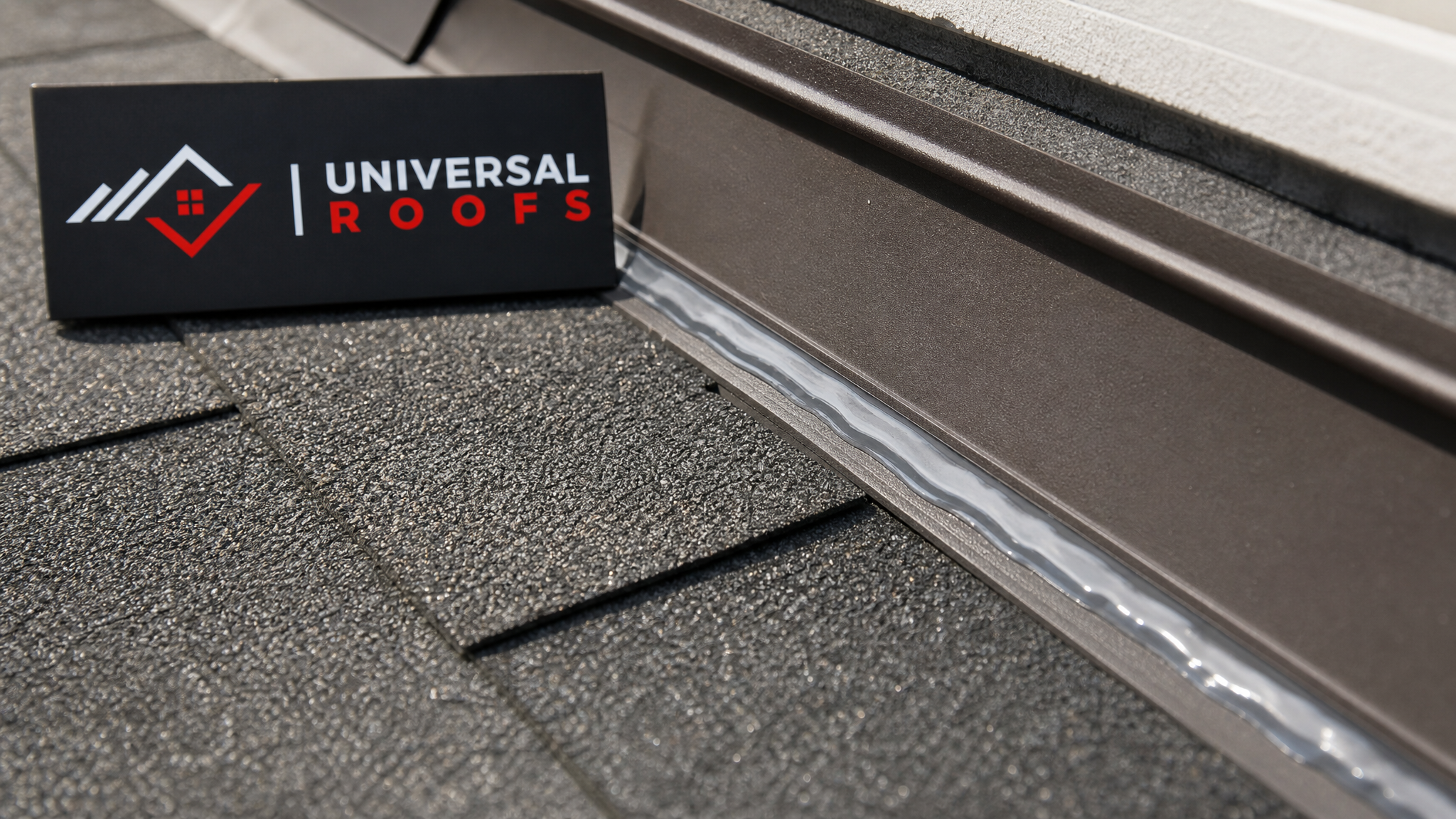 Close-up detail of freshly sealed roof flashing seam with a Universal Roofs branded sign placard visible beside it