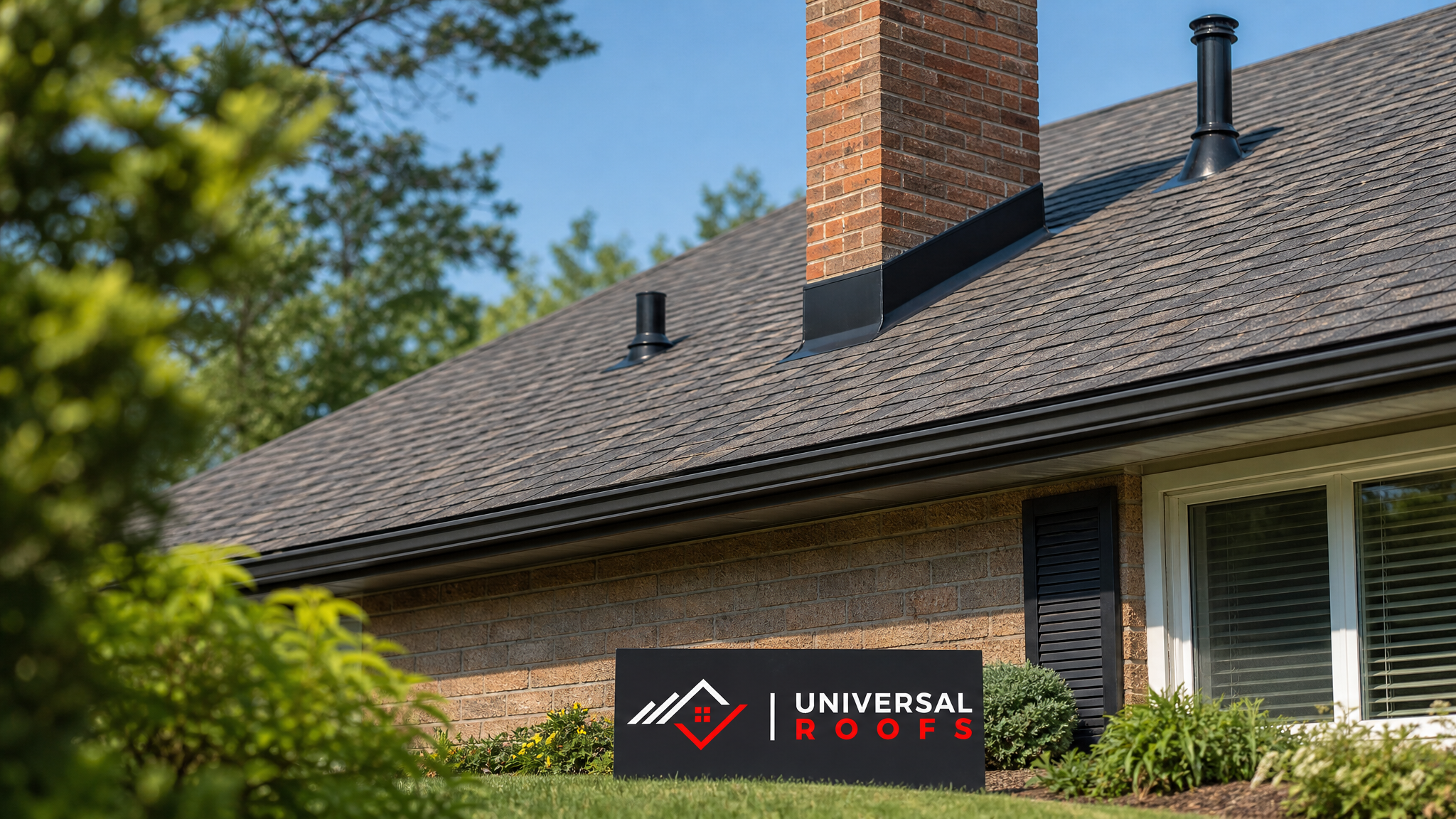 Freshly sealed asphalt shingle roof on a Toronto home glowing in summer daylight with a Universal Roofs sign placard resting on the lawn