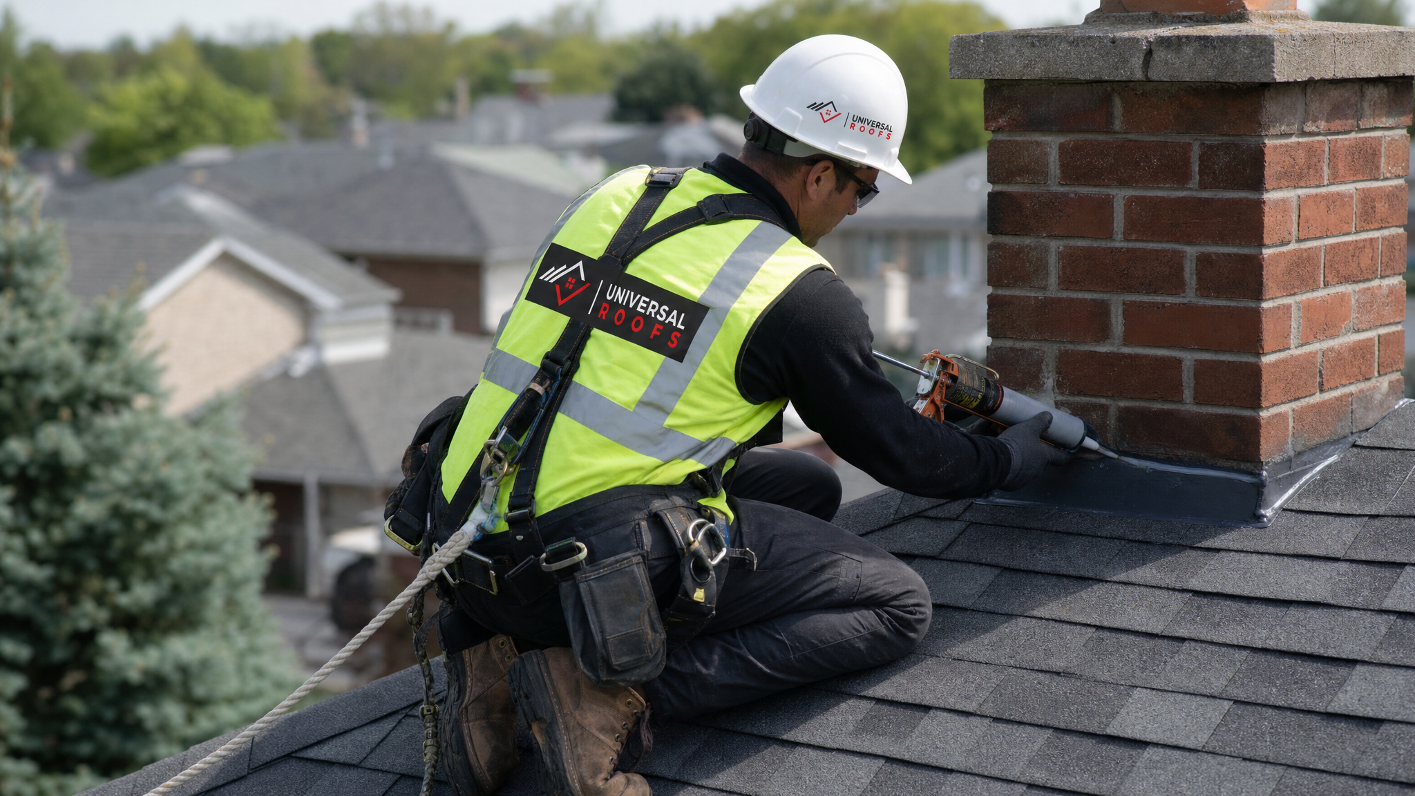 Roofing technician wearing full safety harness applying sealant around roof flashing on a Toronto home in daylight