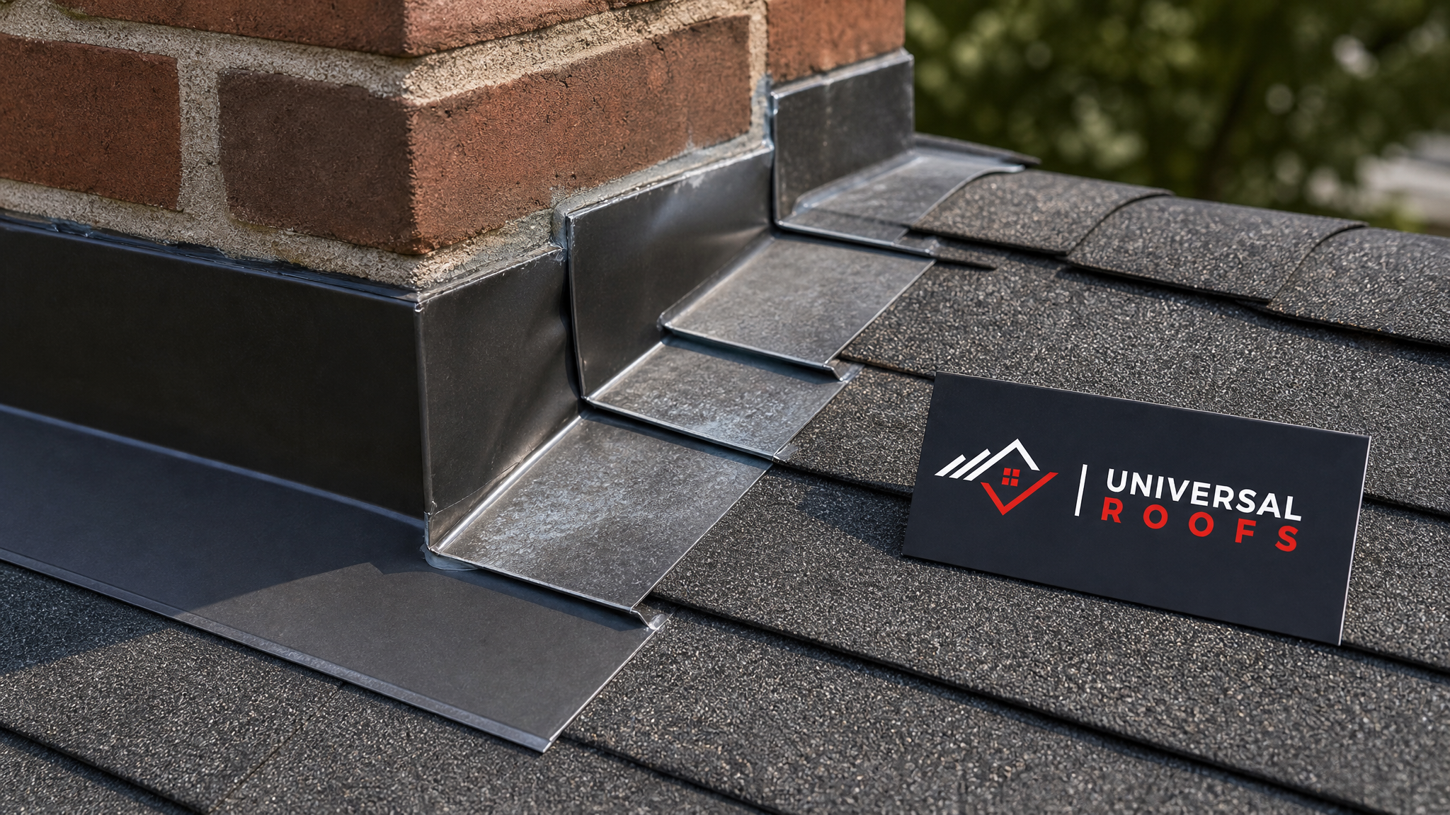 Close-up of new step flashing, counter-flashing and sealant detail around a residential chimney base with a branded sign placard nearby