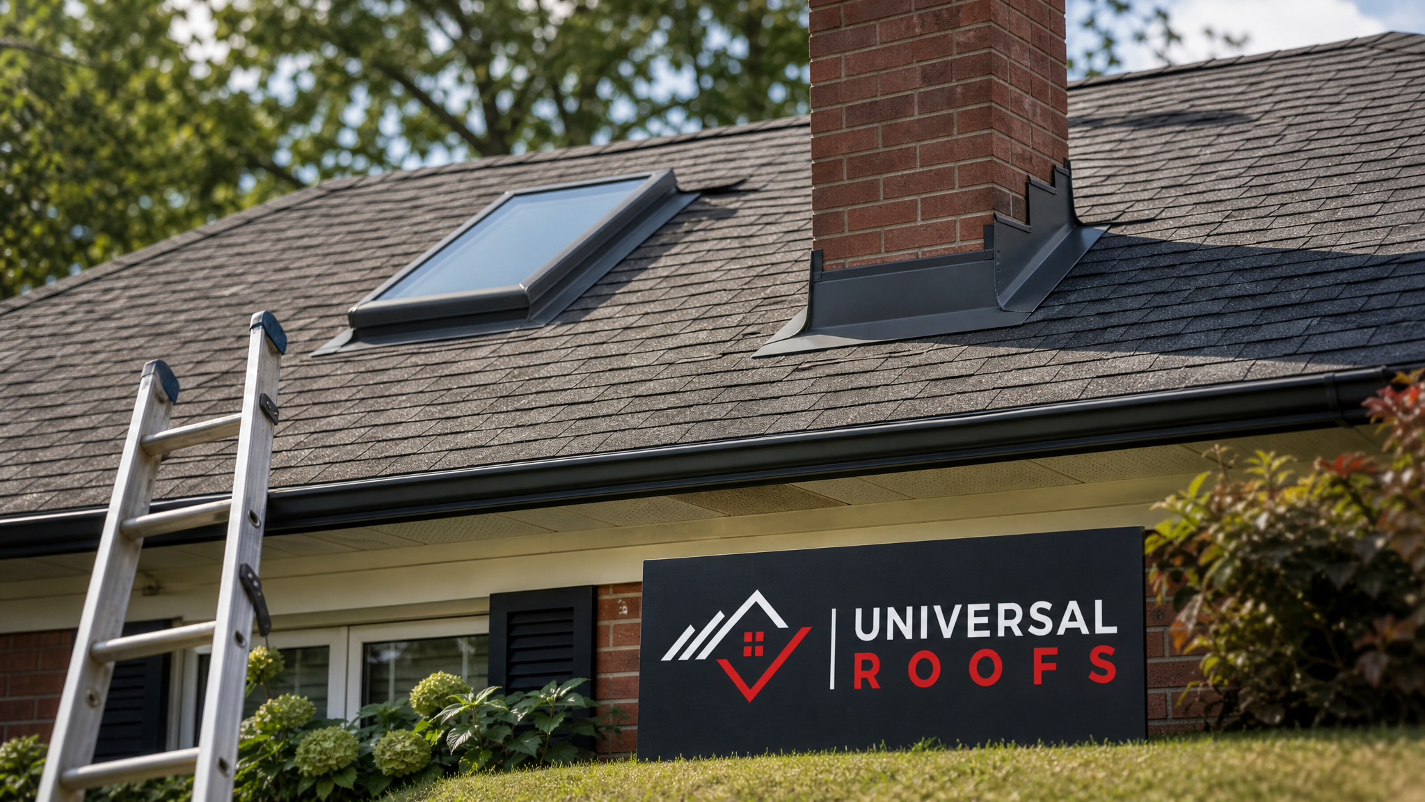 Newly repaired asphalt shingle roof in Toronto with a replaced skylight and re-flashed brick chimney under summer daylight