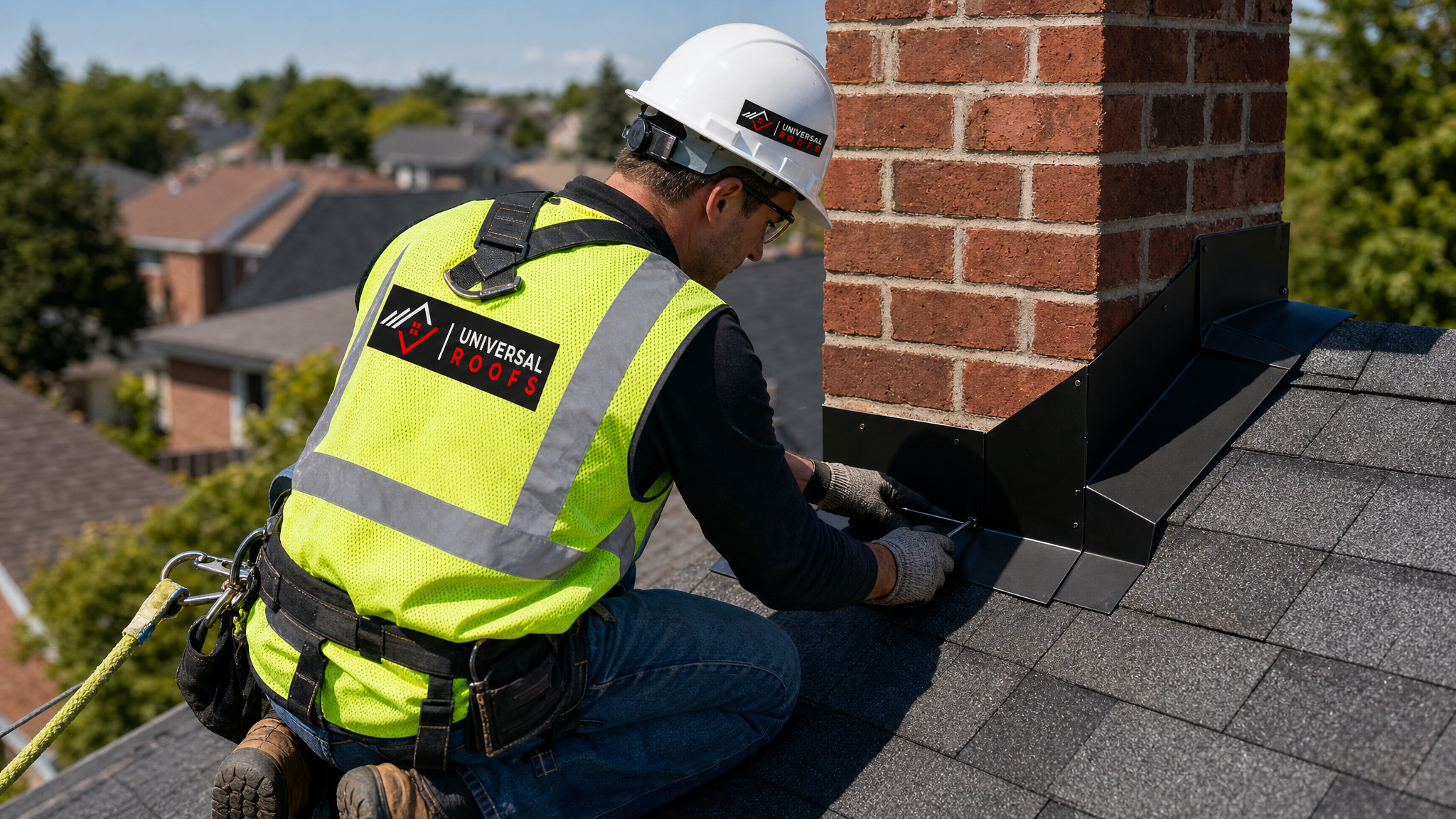 Roofer wearing hard hat, hi-vis vest, harness and safety rope installing new step flashing around a chimney on a Toronto home