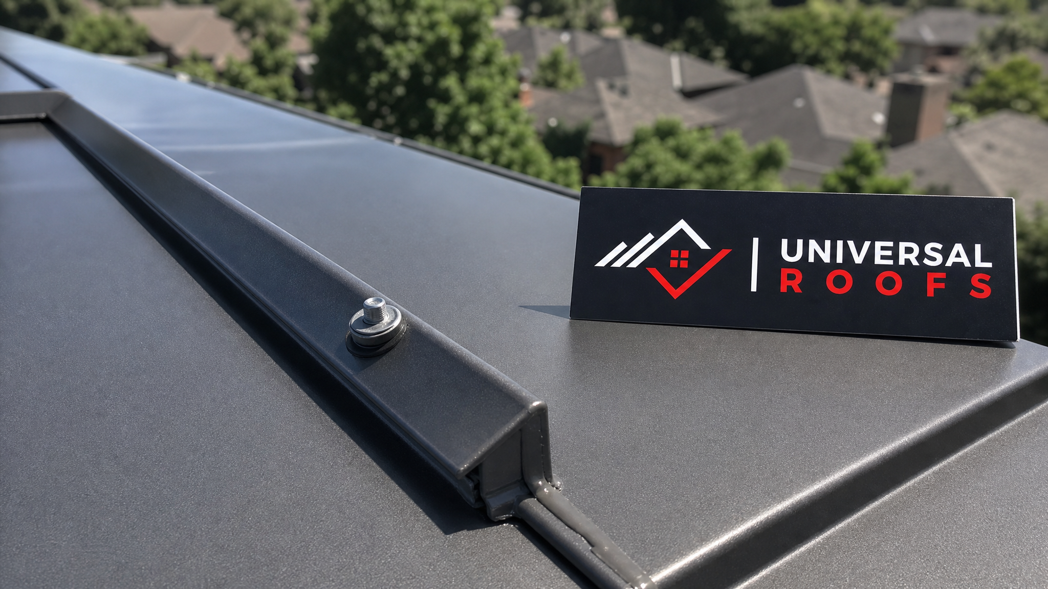 Close-up detail of a standing seam metal roof joint and fastener showing proper sealant application and colour-matched finish