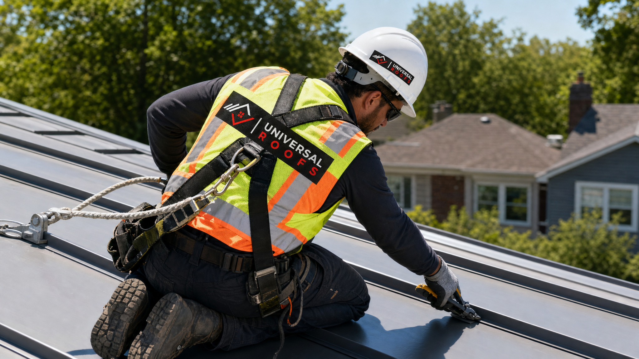 Roofing professional wearing full safety harness and PPE repairing a standing seam metal roof panel on a Toronto home in daylight