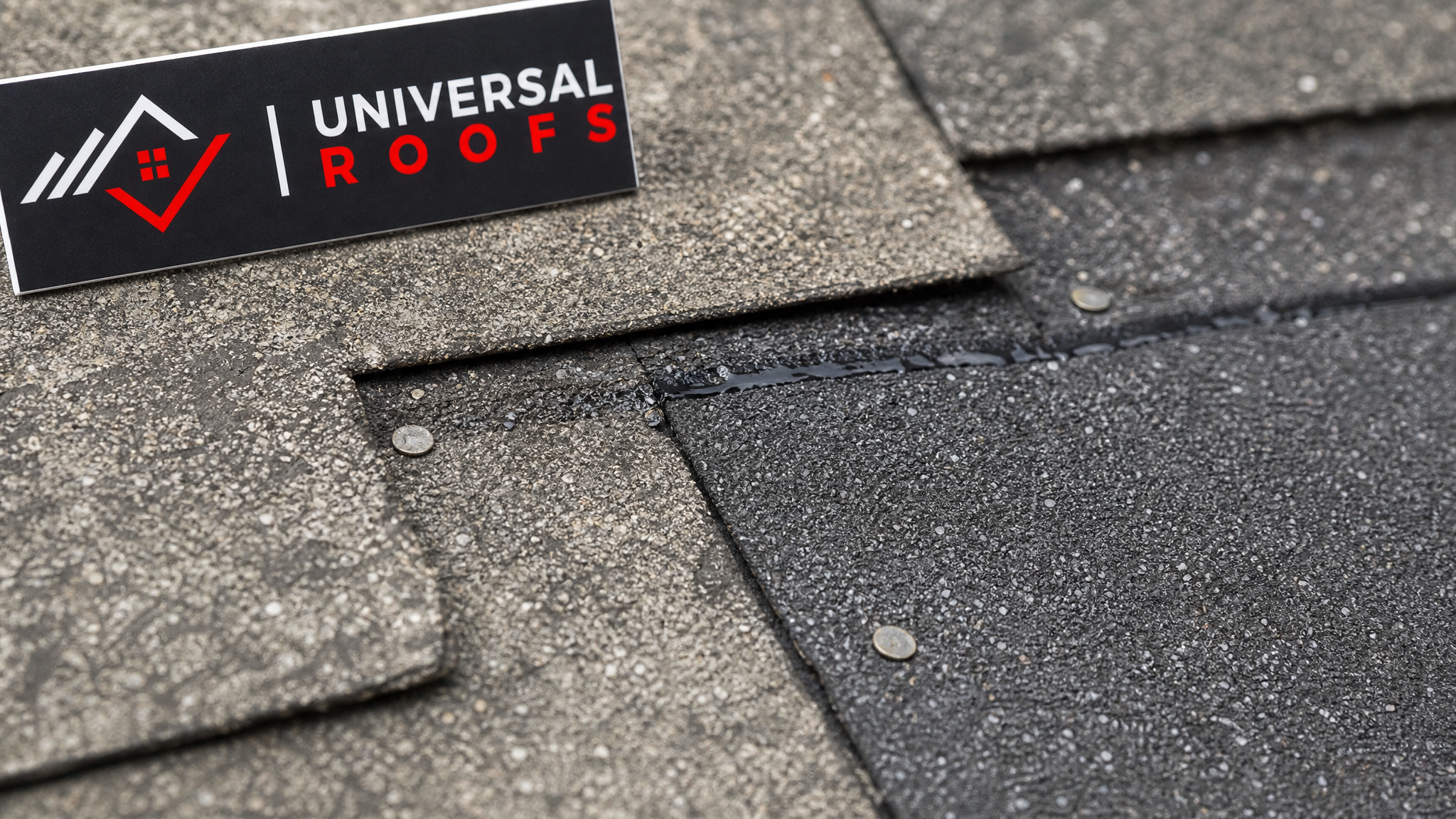 Close-up of asphalt shingle tabs, roofing nails, and sealant showing proper shingle repair technique