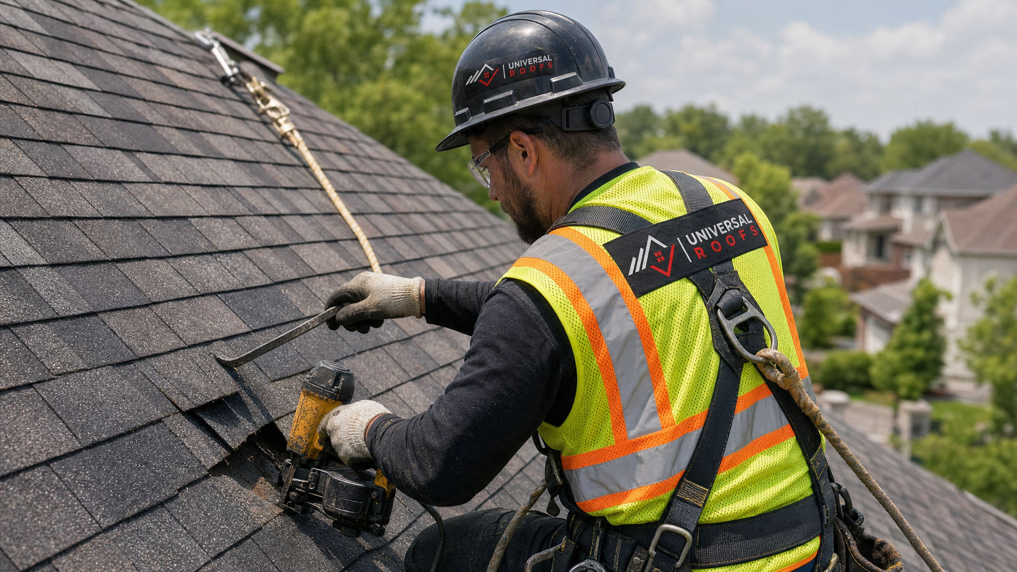 Roofing professional wearing full safety harness replacing a damaged asphalt shingle on a steep residential roof