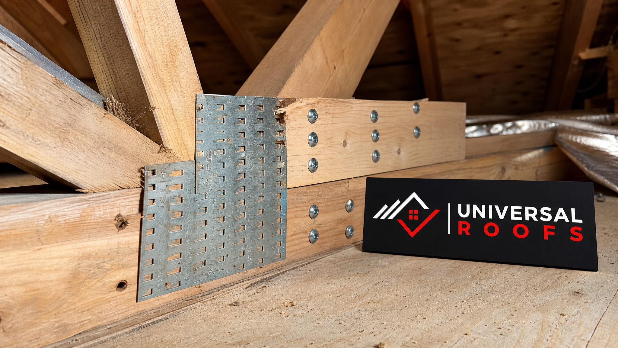 Close-up of a reinforced truss gusset plate connection with a Universal Roofs branded sign placard nearby