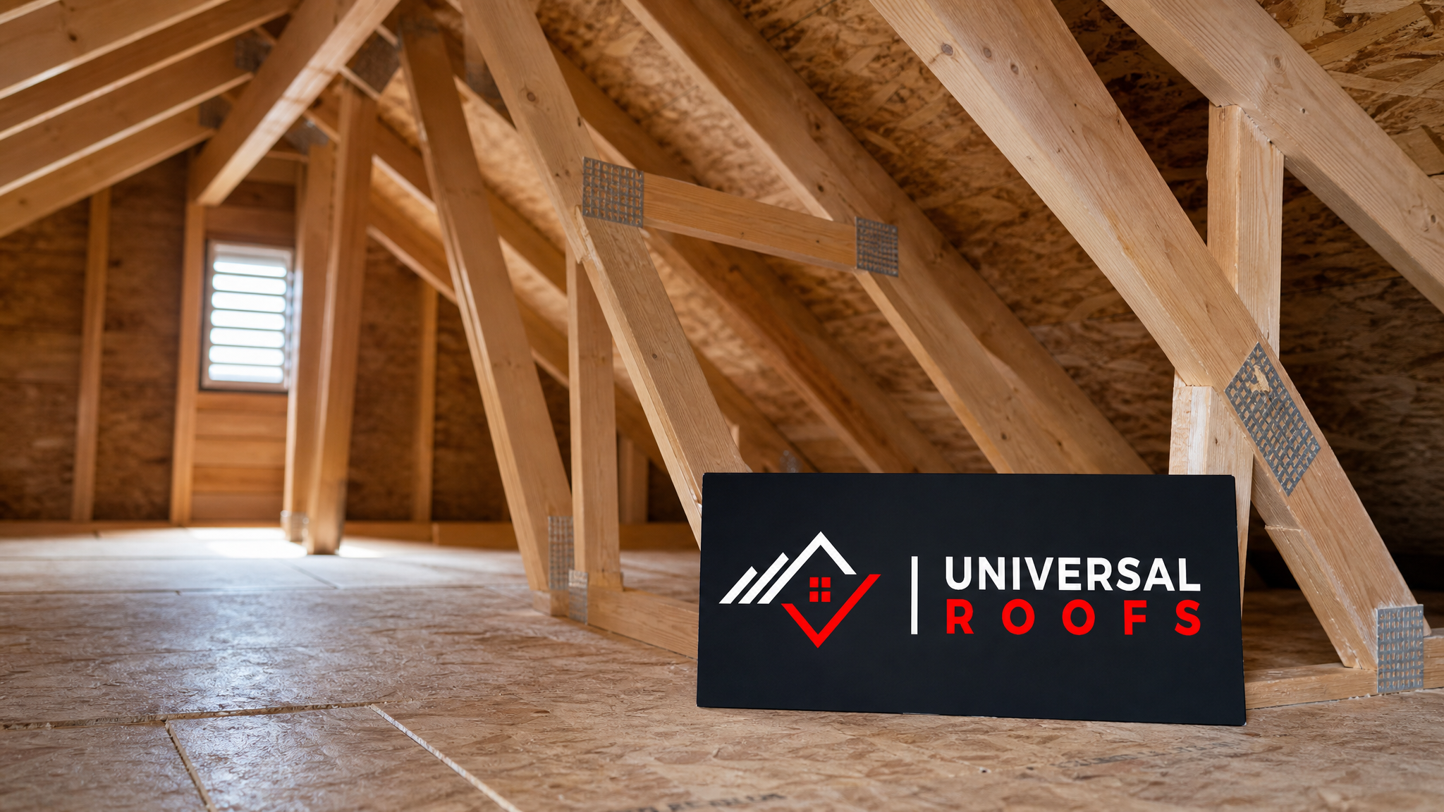 Repaired roof truss system in a bright Toronto attic with a Universal Roofs sign placard resting nearby