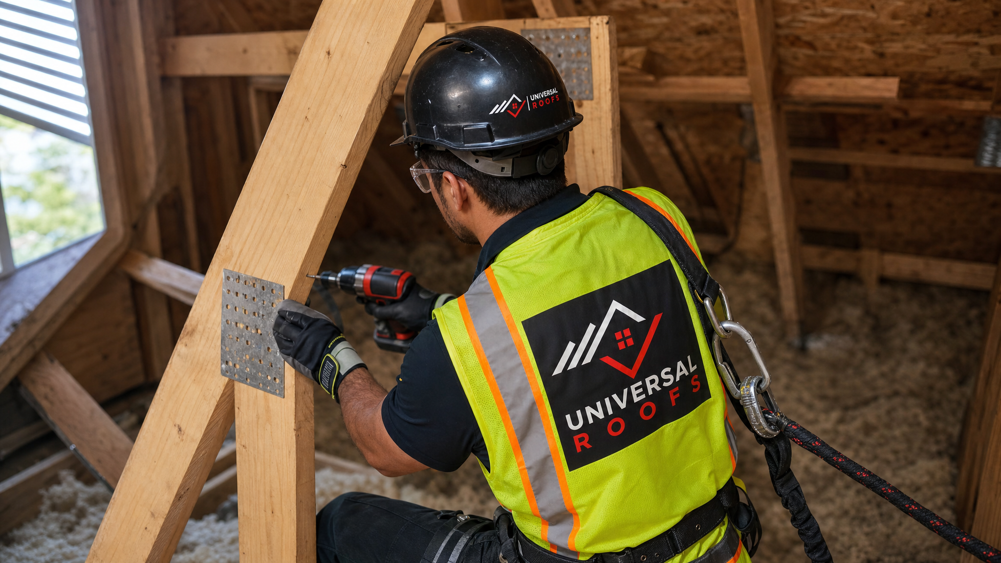Universal Roofs technician wearing full safety harness reinforcing a roof truss connector plate in a Toronto attic