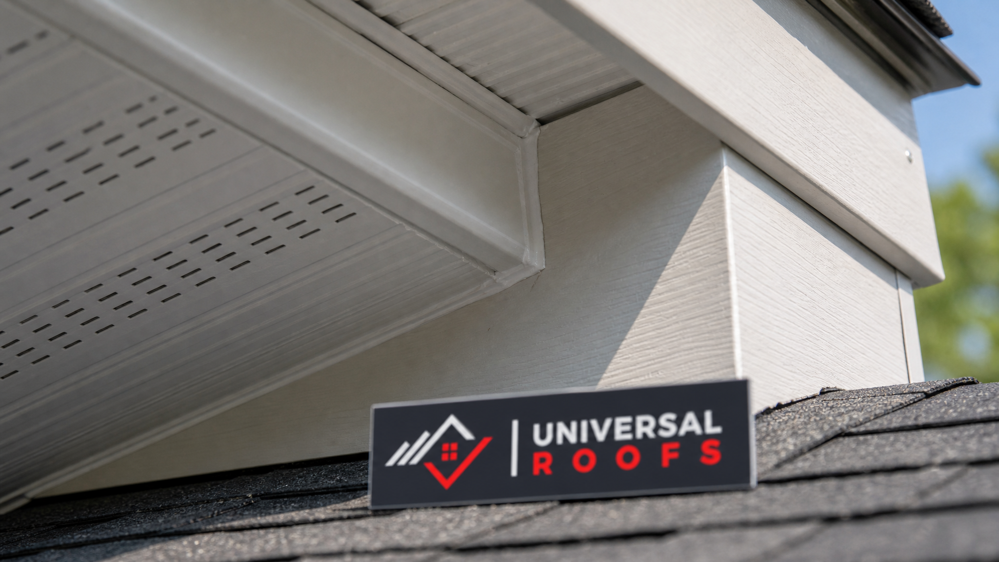 Close-up detail of a sealed vented aluminum soffit panel and fascia joint on a residential roofline