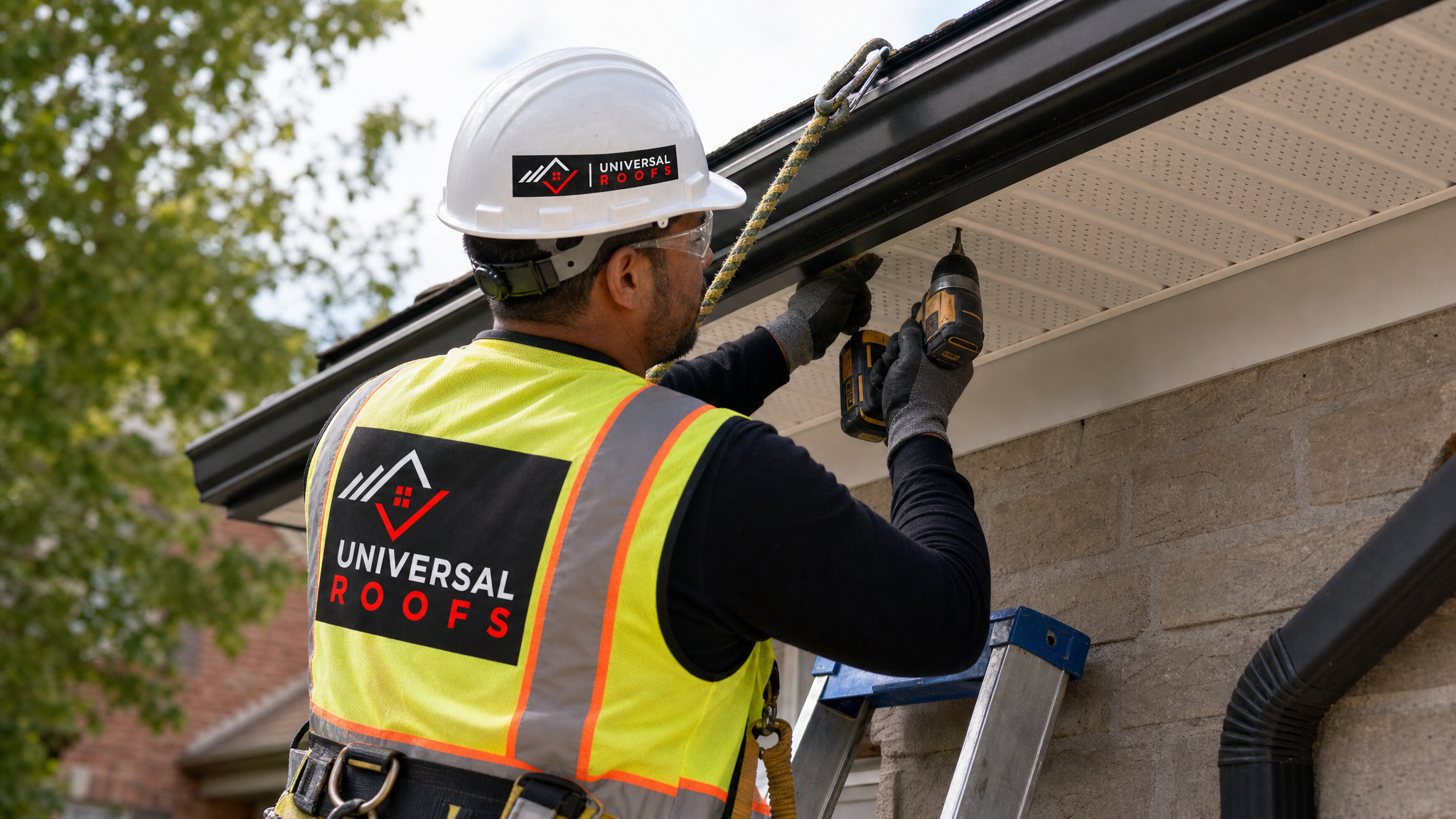 Roofer wearing full safety harness and PPE fastening new weatherproof aluminum soffit panels under a roof overhang